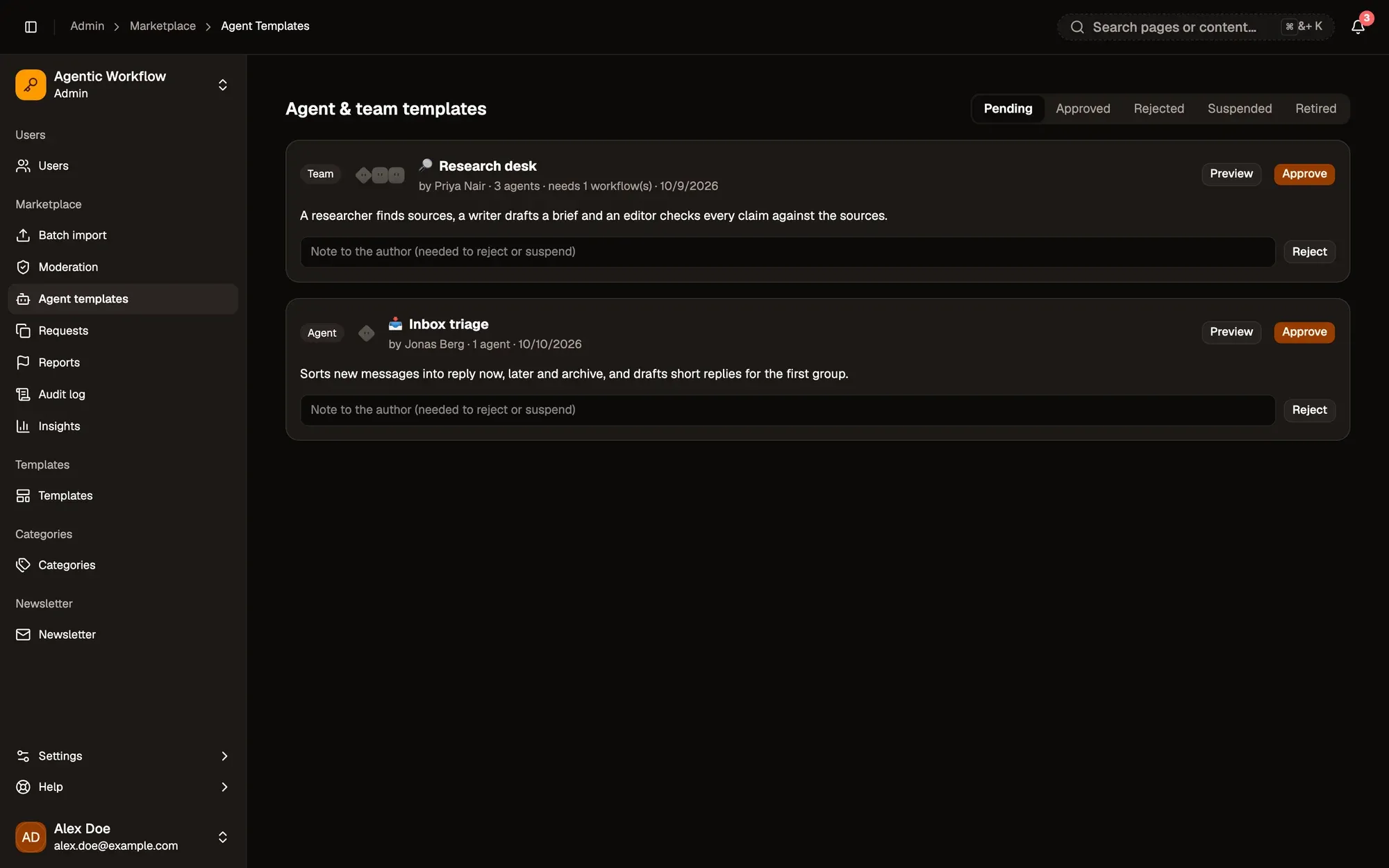 Admin panel, Agent & team templates, Pending queue: two fictional templates, the Research desk team (3 agents, needs 1 workflow) and the Inbox triage agent, each with its description, Preview and Approve buttons, a Note to the author field and a Reject button. The Approved, Rejected, Suspended and Retired queues are tabs at the top.
