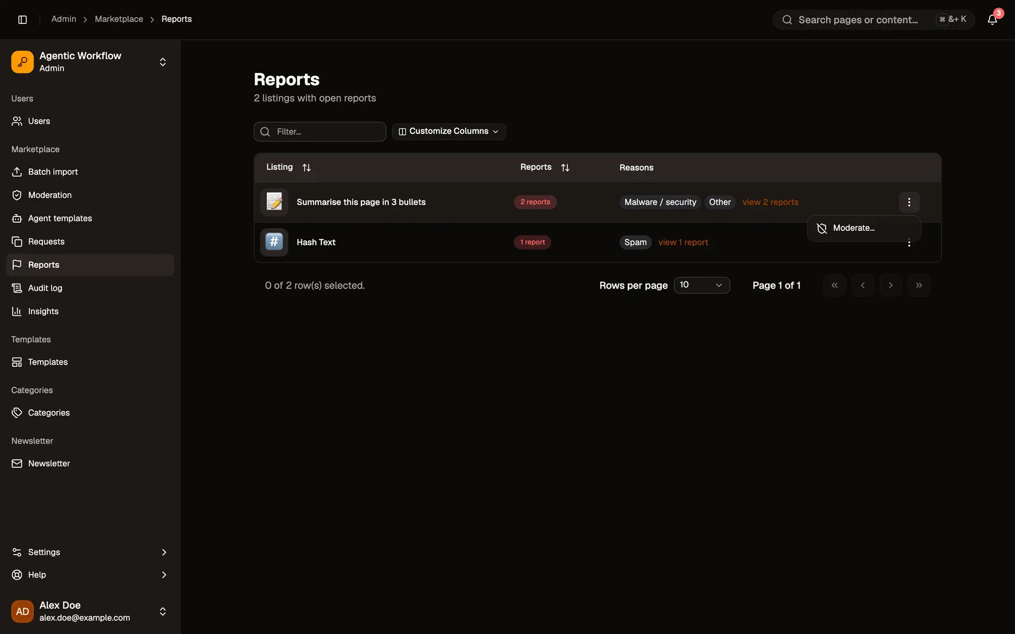 Step 1, close-up of the app: Moderate…, outlined.