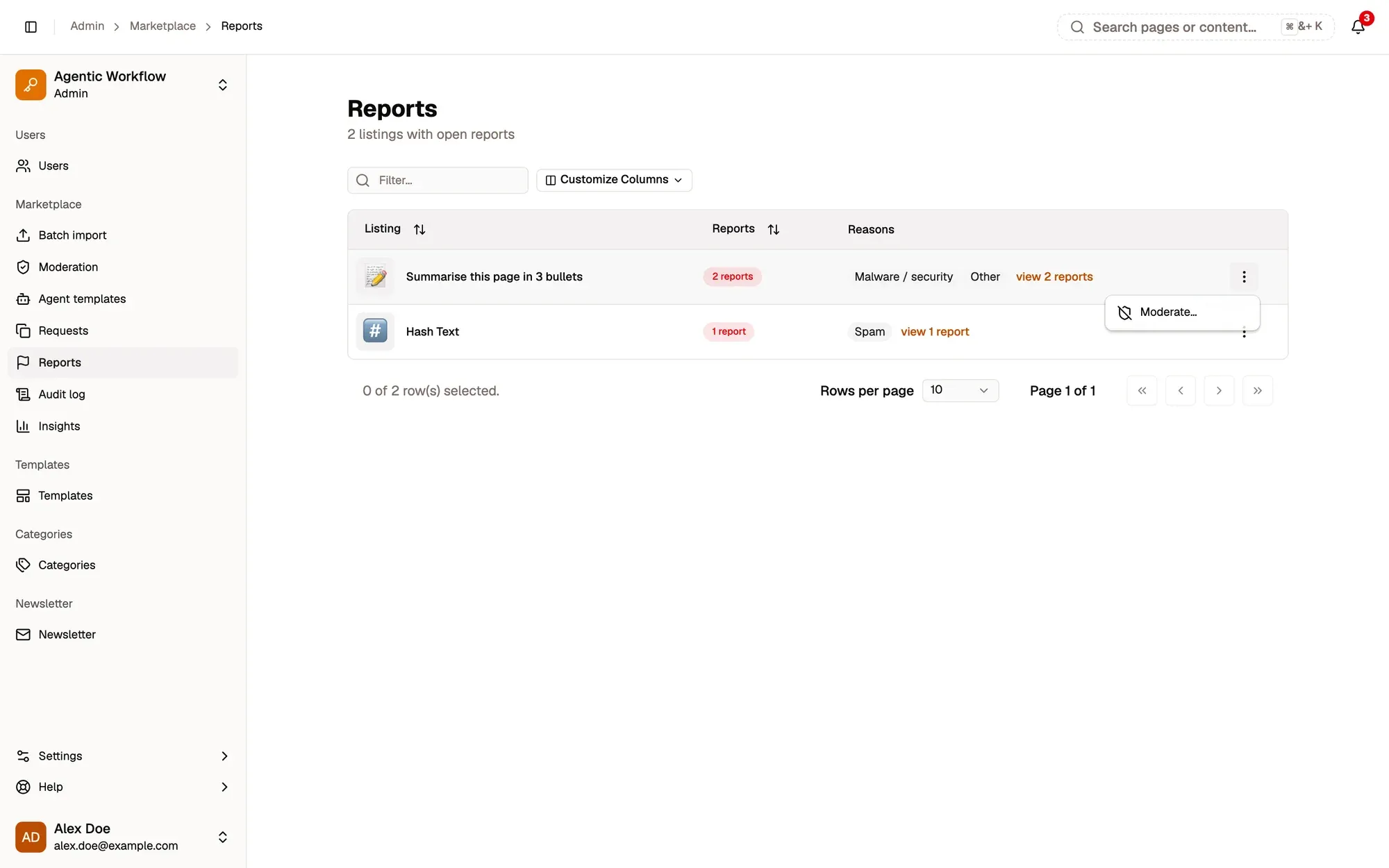Step 1, close-up of the app: Moderate…, outlined.