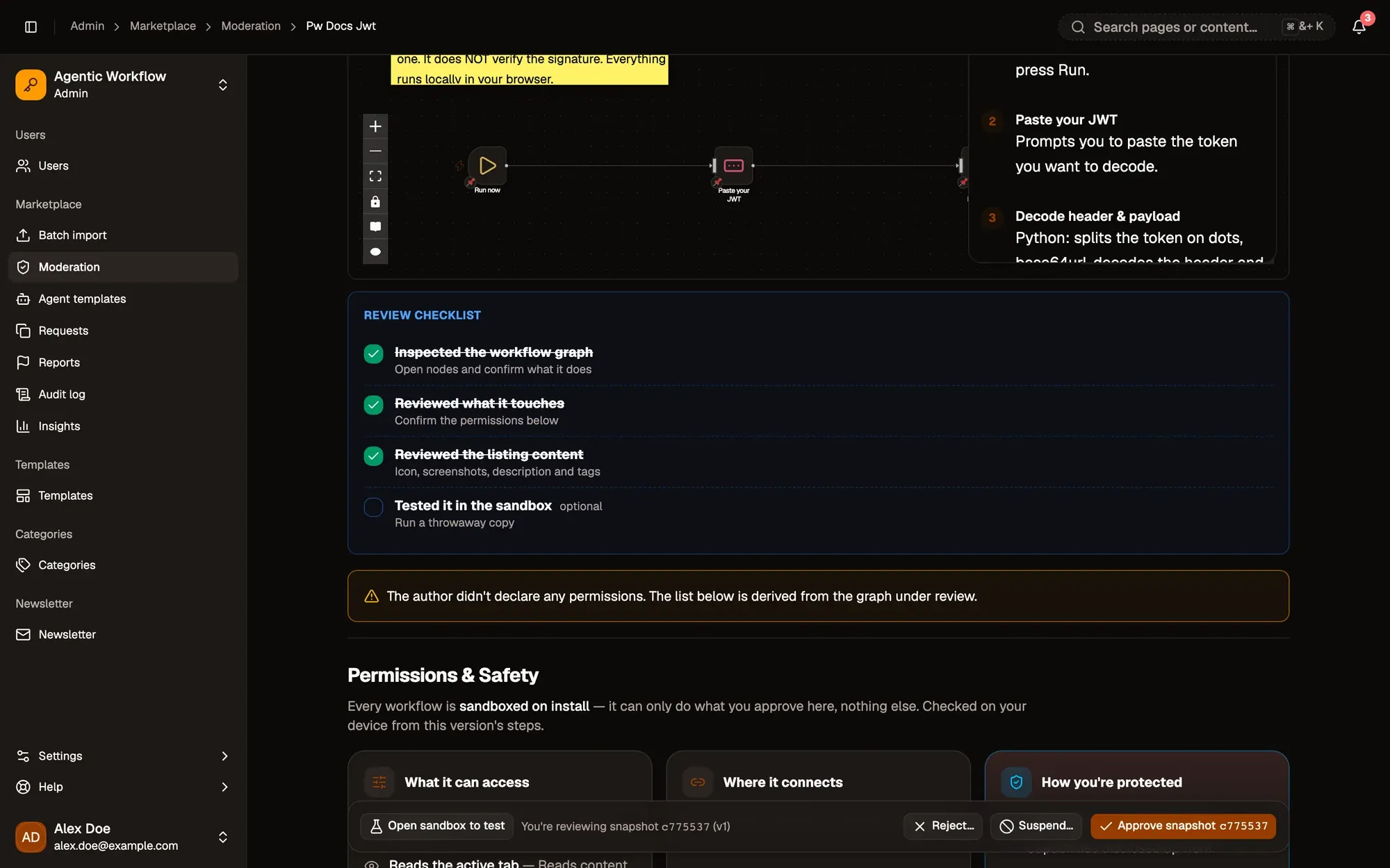 Step 2, close-up of the app: Read-only graph of the version under review, outlined.