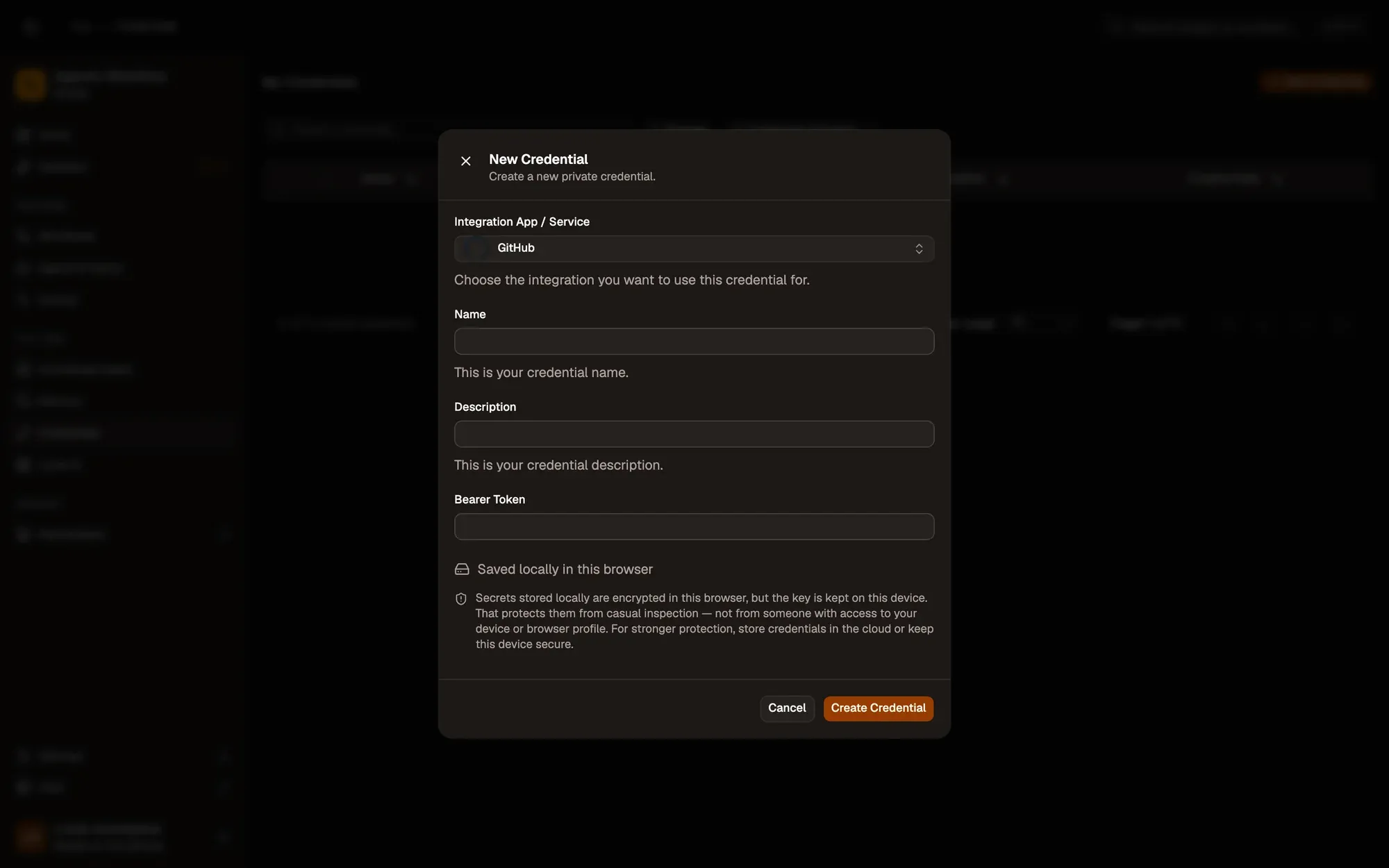 The New Credential dialog with GitHub picked under Integration App / Service: Name and Description fields, a Bearer Token field (no Auth Type menu: the app sets it), a note that the secret is saved locally and encrypted in this browser, and the Cancel and Create Credential buttons.