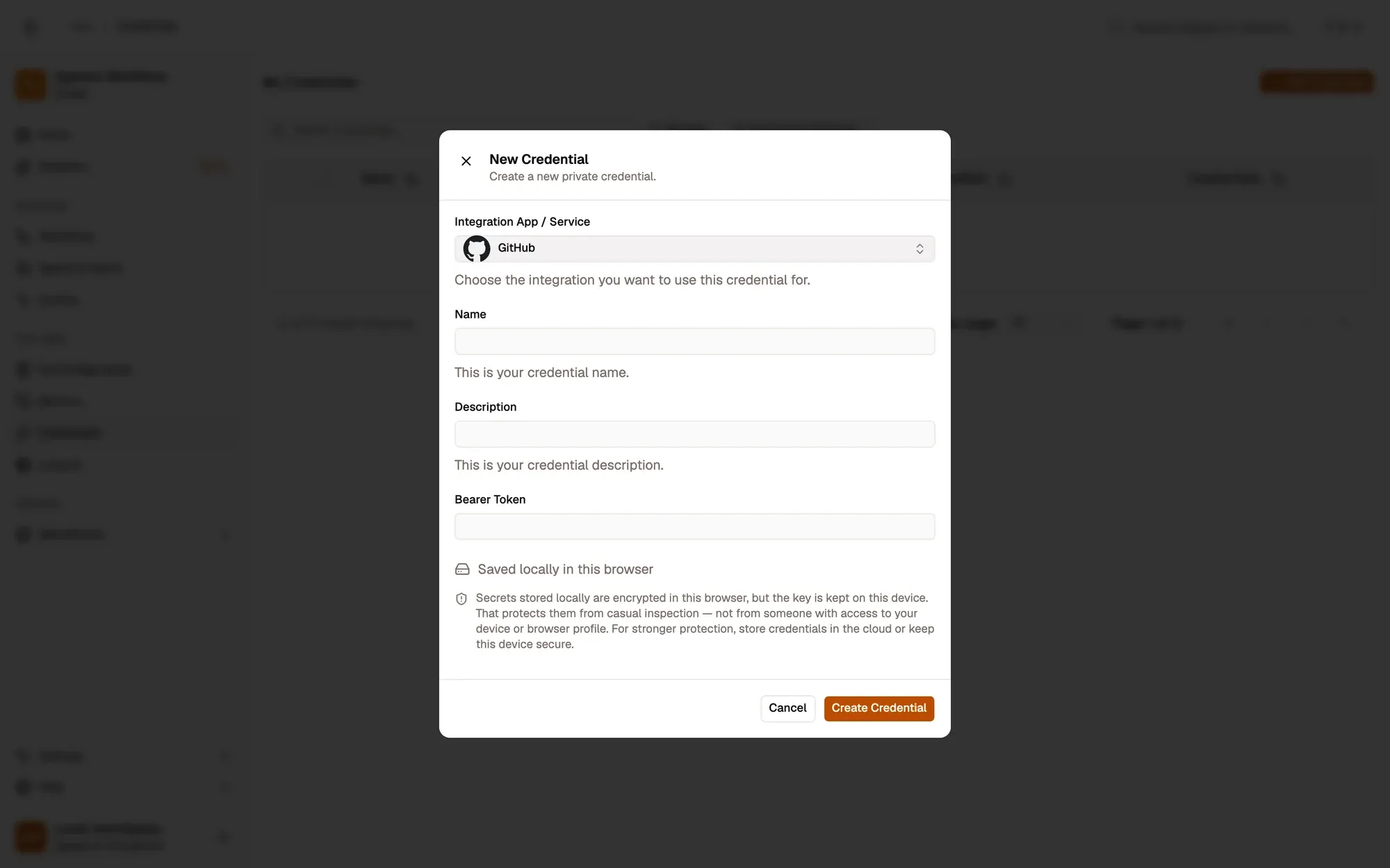 The New Credential dialog with GitHub picked under Integration App / Service: Name and Description fields, a Bearer Token field (no Auth Type menu: the app sets it), a note that the secret is saved locally and encrypted in this browser, and the Cancel and Create Credential buttons.