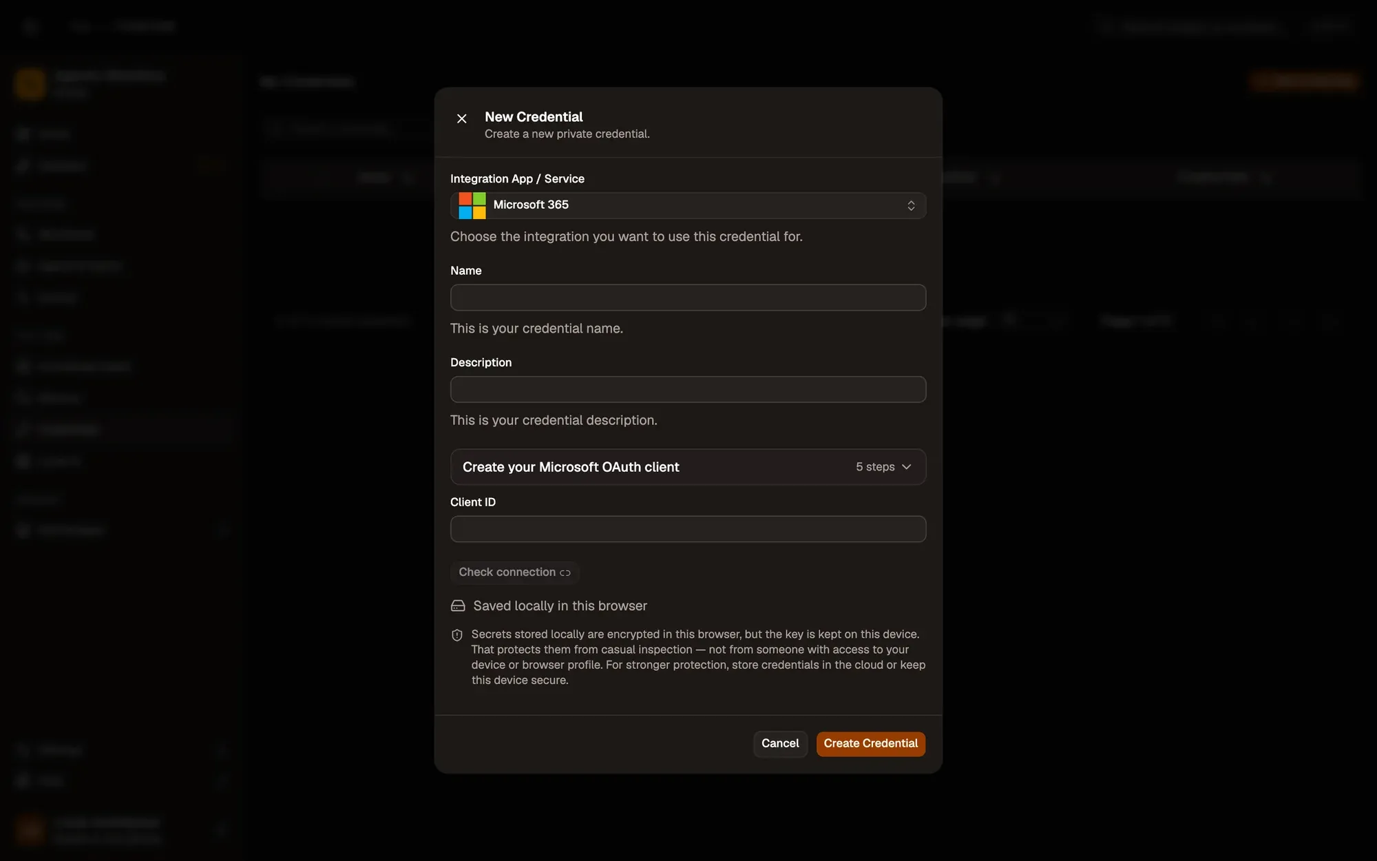 The New Credential dialog with Microsoft 365 picked under Integration App / Service: Name and Description fields, a collapsed Create your Microsoft OAuth client guide, a Client ID field (no Client Secret: Microsoft 365 is a public client) and a Check connection button, disabled until a Client ID is filled, a note that the secret is saved locally and encrypted in this browser, and the Cancel and Create Credential buttons.
