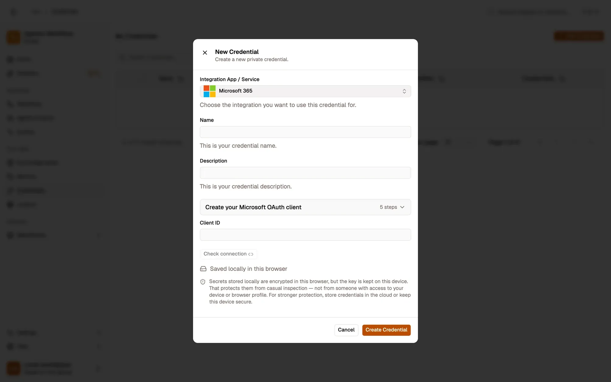 The New Credential dialog with Microsoft 365 picked under Integration App / Service: Name and Description fields, a collapsed Create your Microsoft OAuth client guide, a Client ID field (no Client Secret: Microsoft 365 is a public client) and a Check connection button, disabled until a Client ID is filled, a note that the secret is saved locally and encrypted in this browser, and the Cancel and Create Credential buttons.