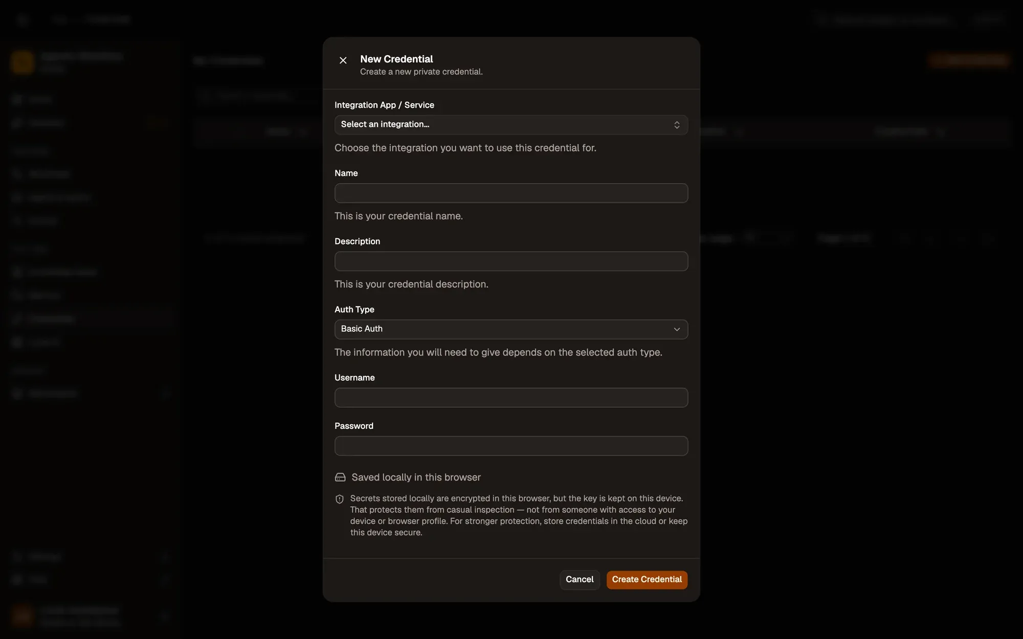 The New Credential dialog over the Credentials page: an Integration App / Service picker, Name and Description fields, an Auth Type menu set to Basic Auth with Username and Password fields, a note that the secret is saved locally and encrypted in this browser, and the Create Credential button.