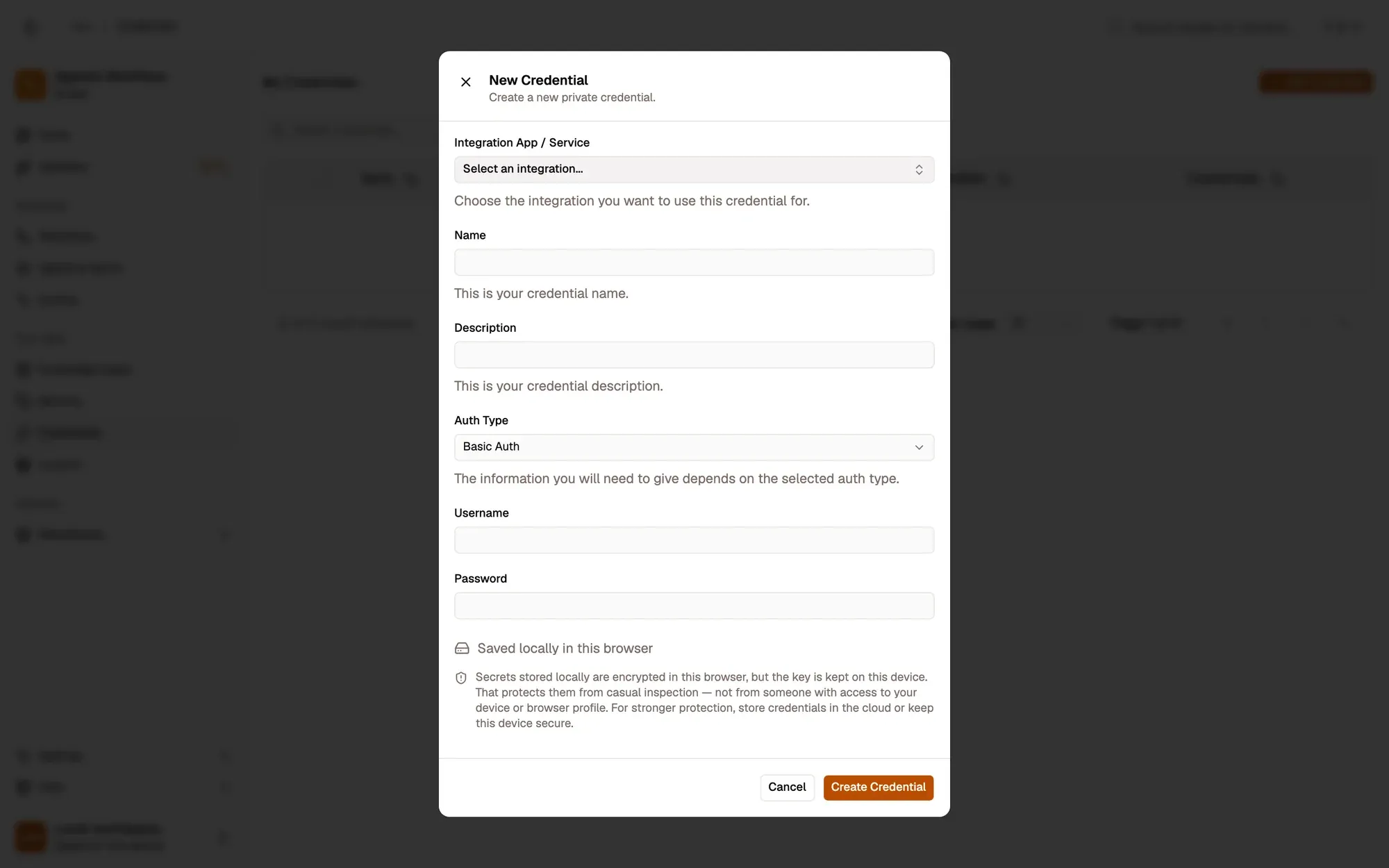 The New Credential dialog over the Credentials page: an Integration App / Service picker, Name and Description fields, an Auth Type menu set to Basic Auth with Username and Password fields, a note that the secret is saved locally and encrypted in this browser, and the Create Credential button.