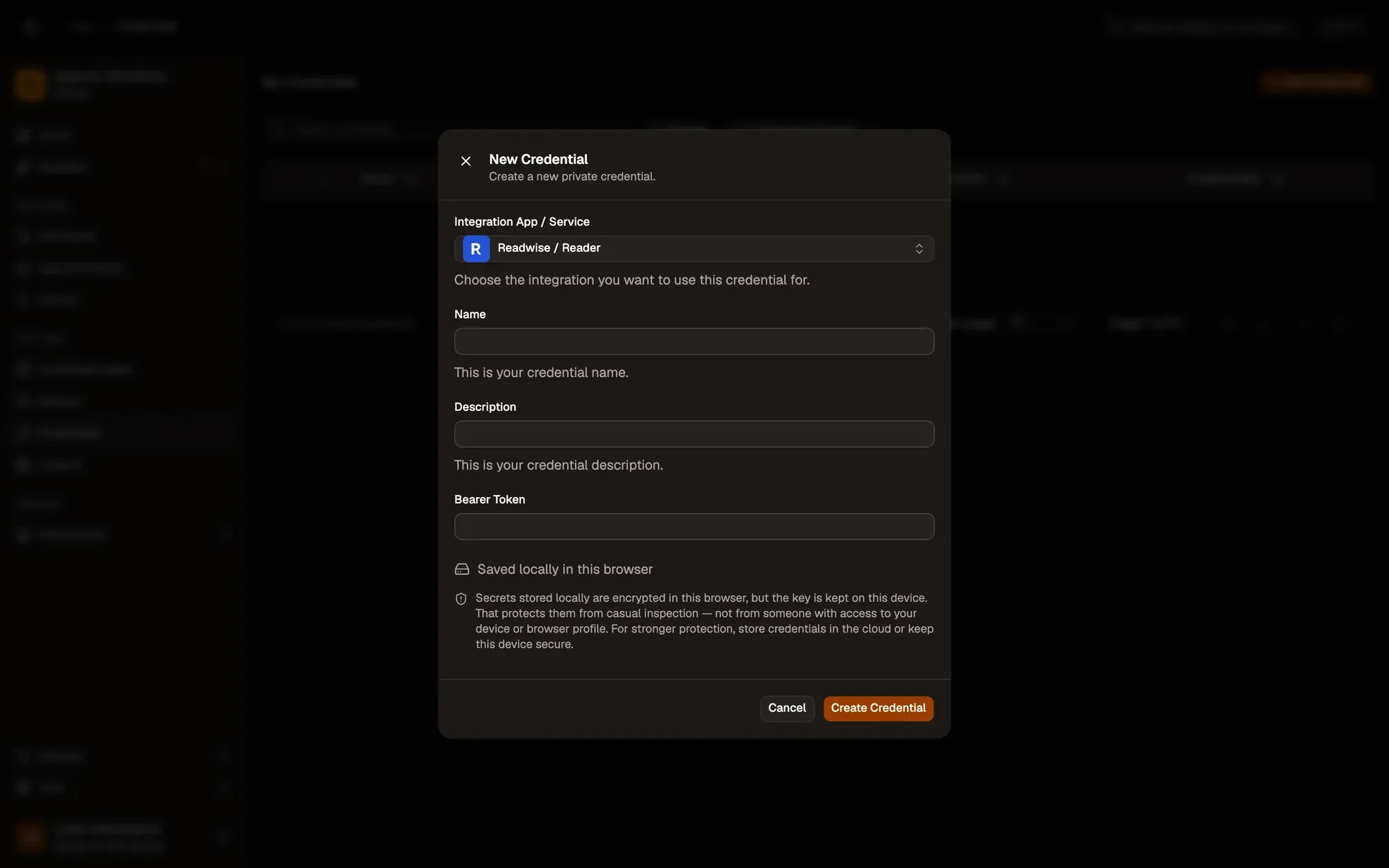 The New Credential dialog with Readwise / Reader picked under Integration App / Service: Name and Description fields, a Bearer Token field (no Auth Type menu: the app sets it), a note that the secret is saved locally and encrypted in this browser, and the Cancel and Create Credential buttons.