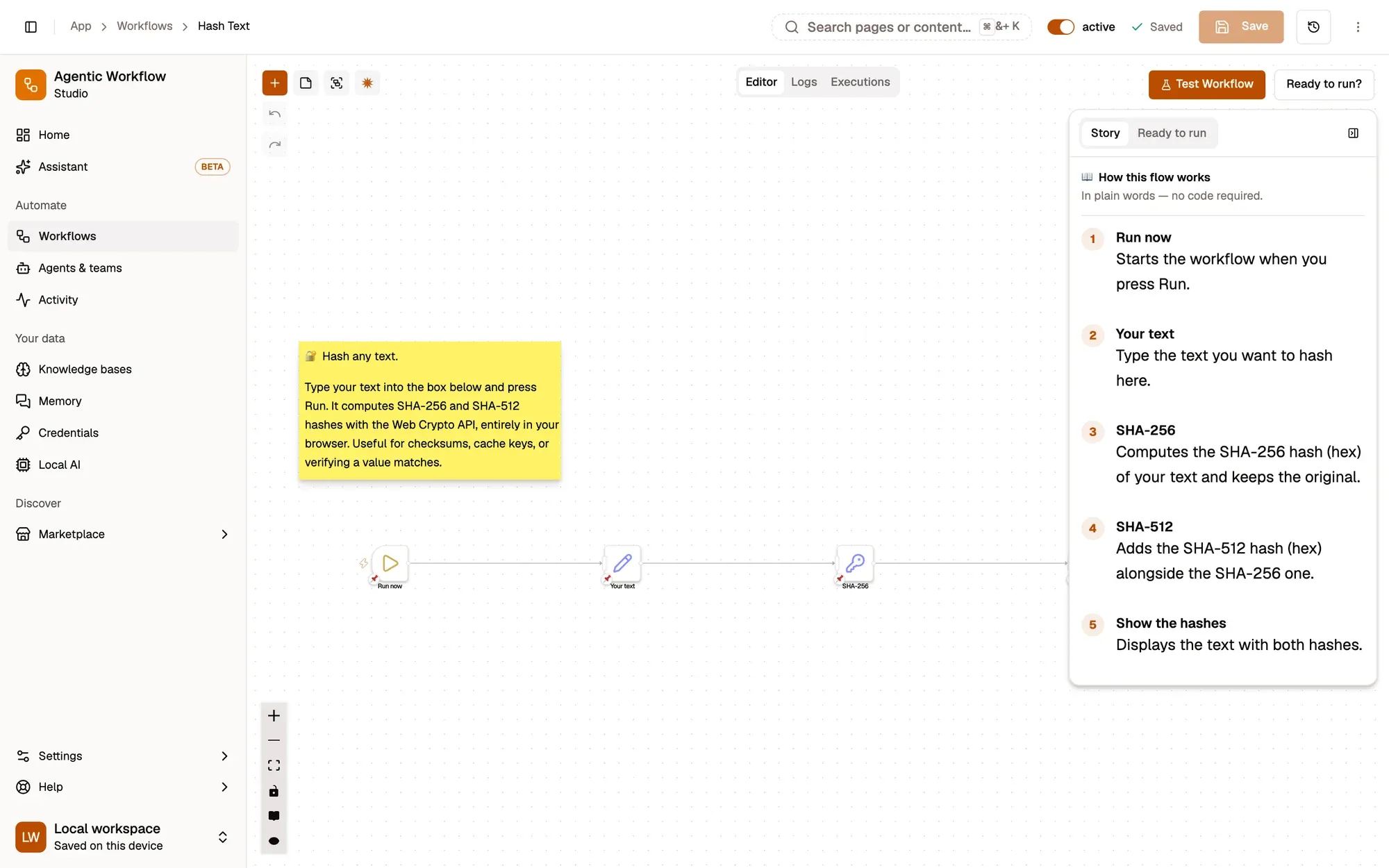 The Hash Text workflow in the editor with the Story tab of the panel on the right open: How this flow works, In plain words, no code required, then the five steps numbered in run order, each with its note.