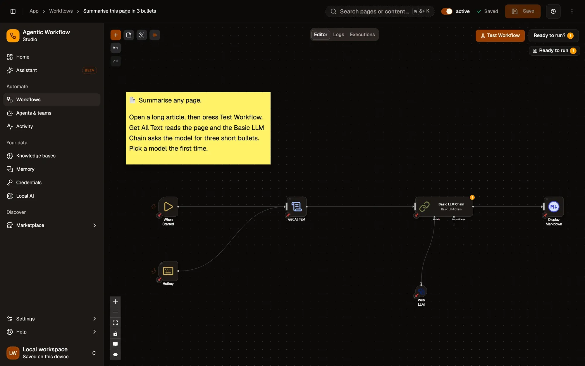 Step 3, close-up of the app: The active switch next to the workflow’s name, outlined.