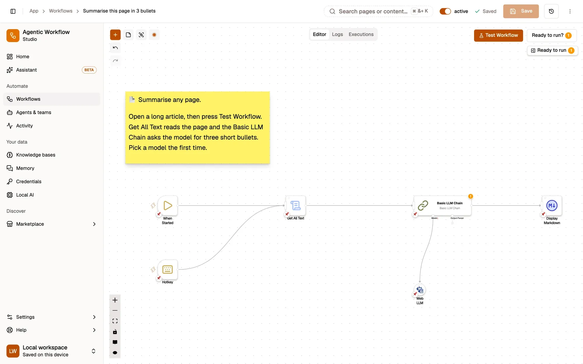 Step 3, close-up of the app: The active switch next to the workflow’s name, outlined.