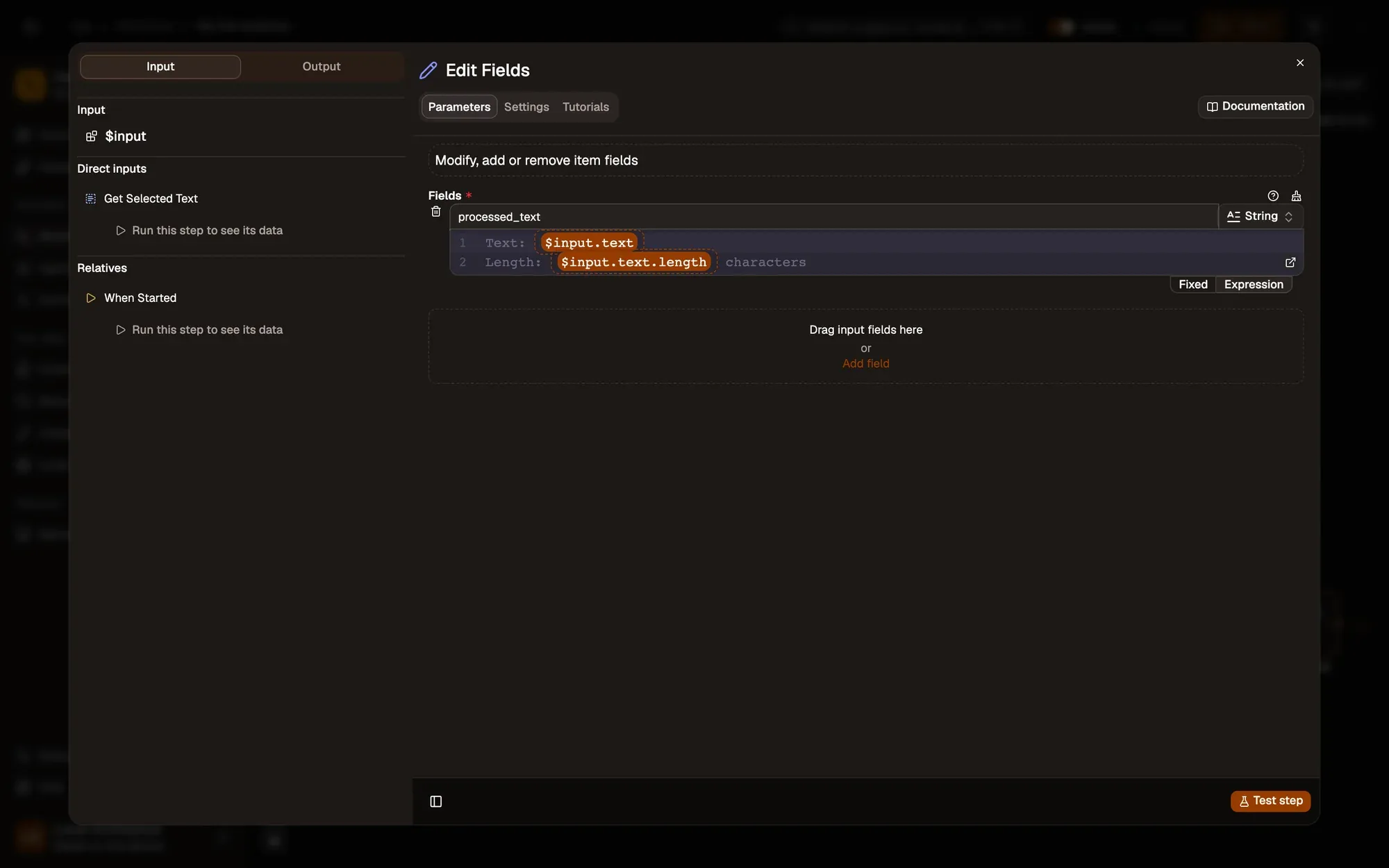 Step 5, close-up of the app: The processed_text field and its value, outlined.