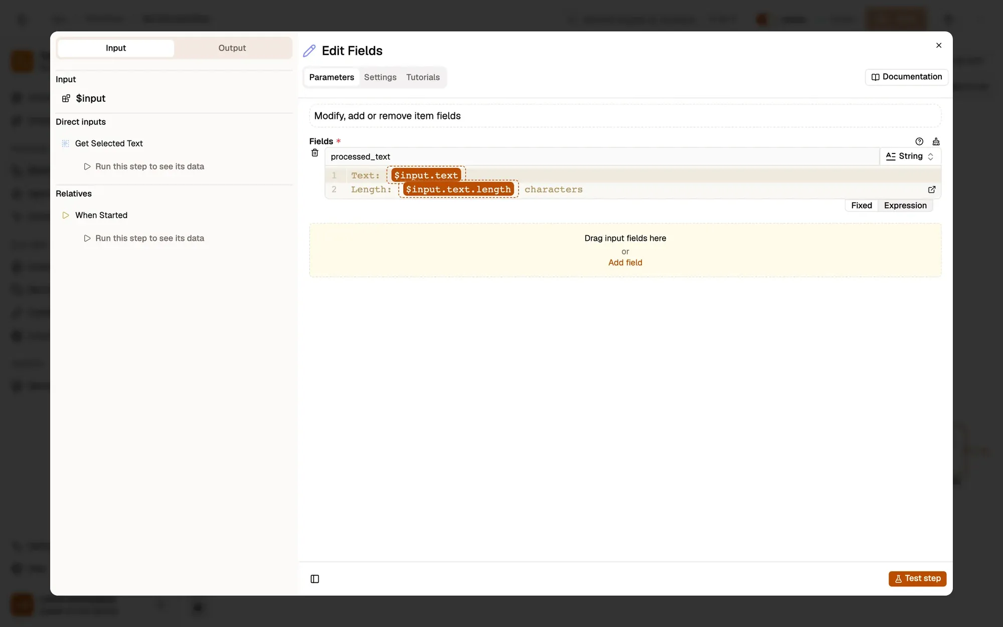 Step 5, close-up of the app: The processed_text field and its value, outlined.