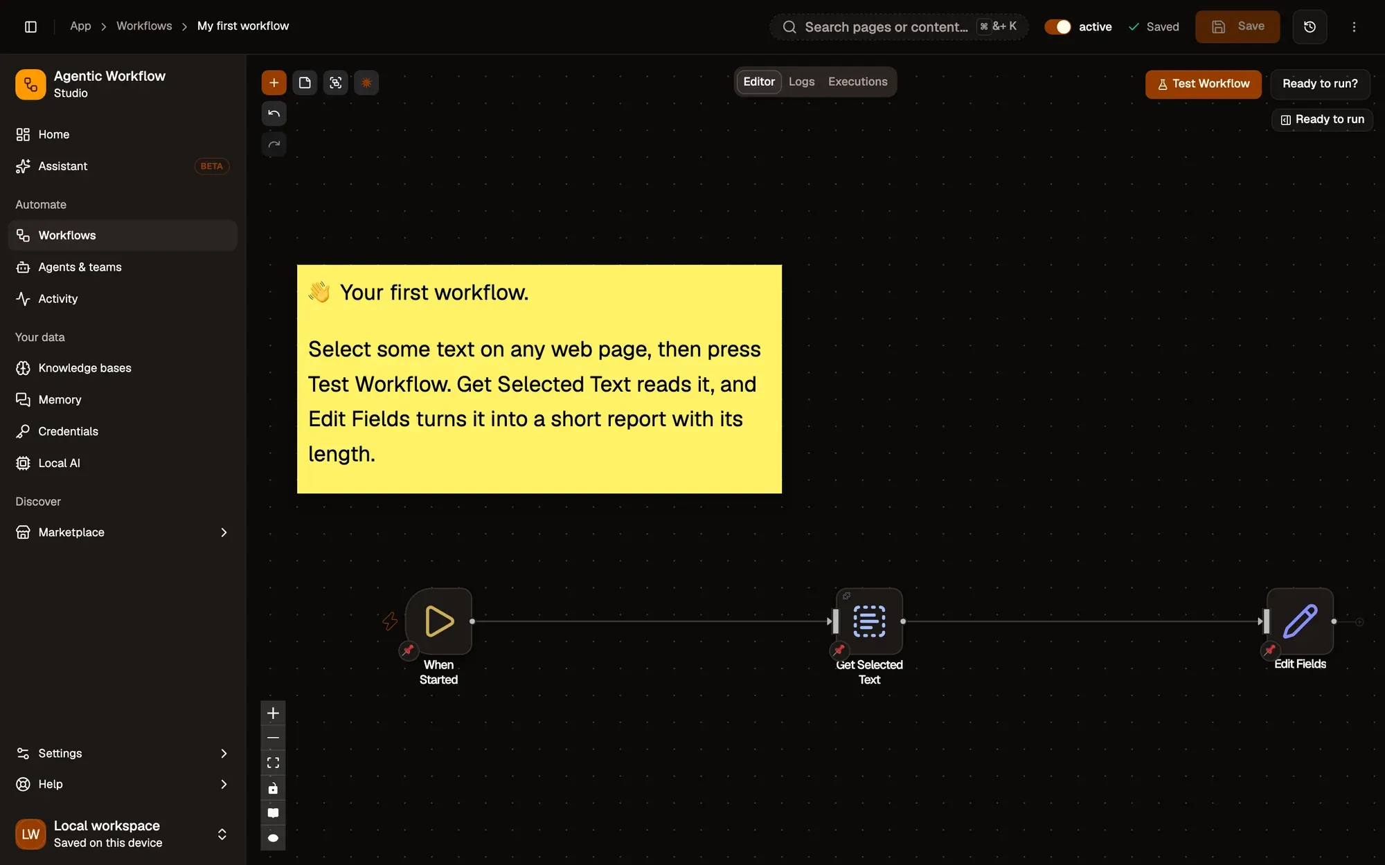 Step 4, close-up of the app: Test Workflow, outlined.
