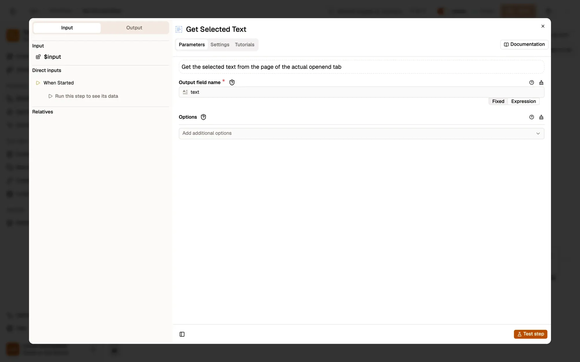 Step 3, close-up of the app: Output field name, set to text, outlined.