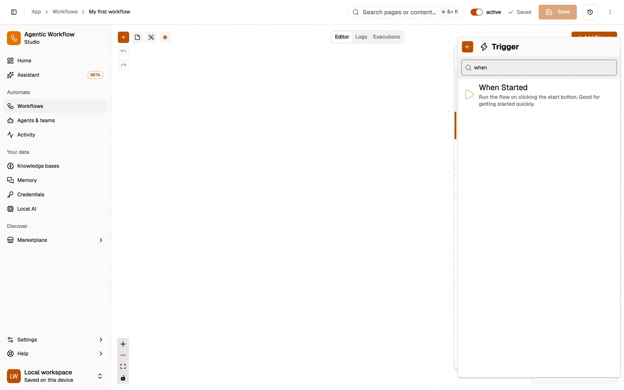 Step 2, close-up of the app: When Started, outlined.