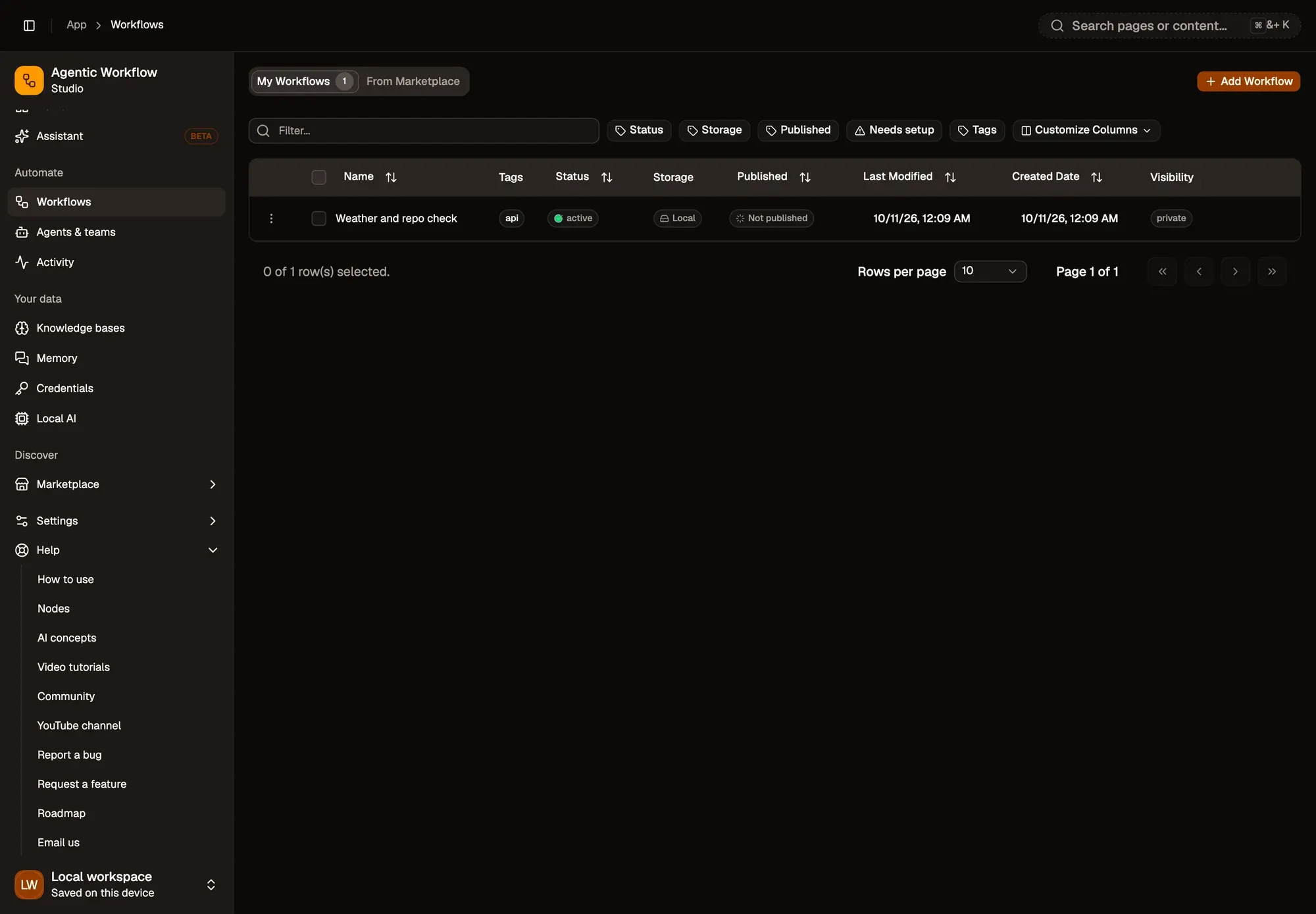 The app sidebar with the Help section open: How to use, Nodes, AI concepts, Video tutorials, Community, YouTube channel, Report a bug, Request a feature, Roadmap and Email us, each opening in a new tab.