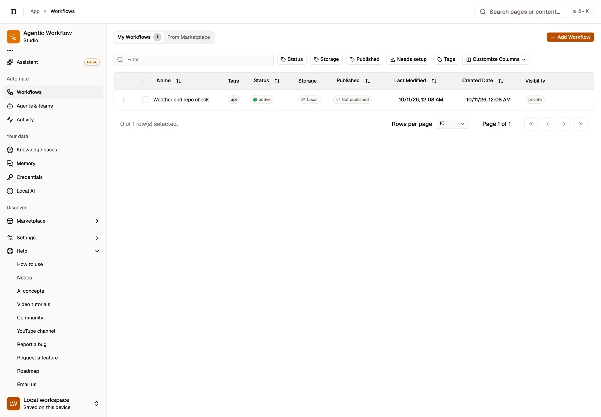 The app sidebar with the Help section open: How to use, Nodes, AI concepts, Video tutorials, Community, YouTube channel, Report a bug, Request a feature, Roadmap and Email us, each opening in a new tab.