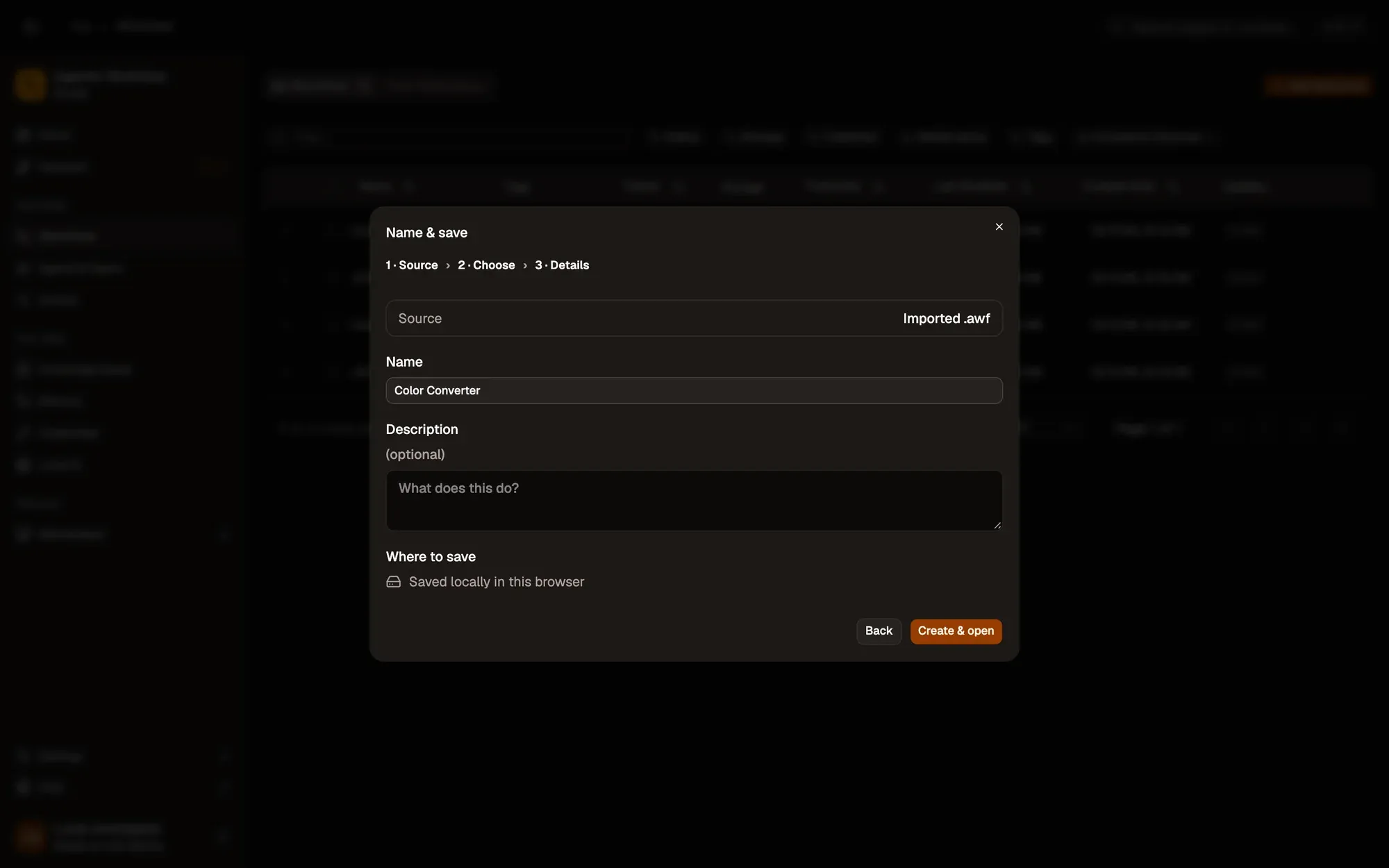 Step 3, close-up of the app: Create & open, outlined.
