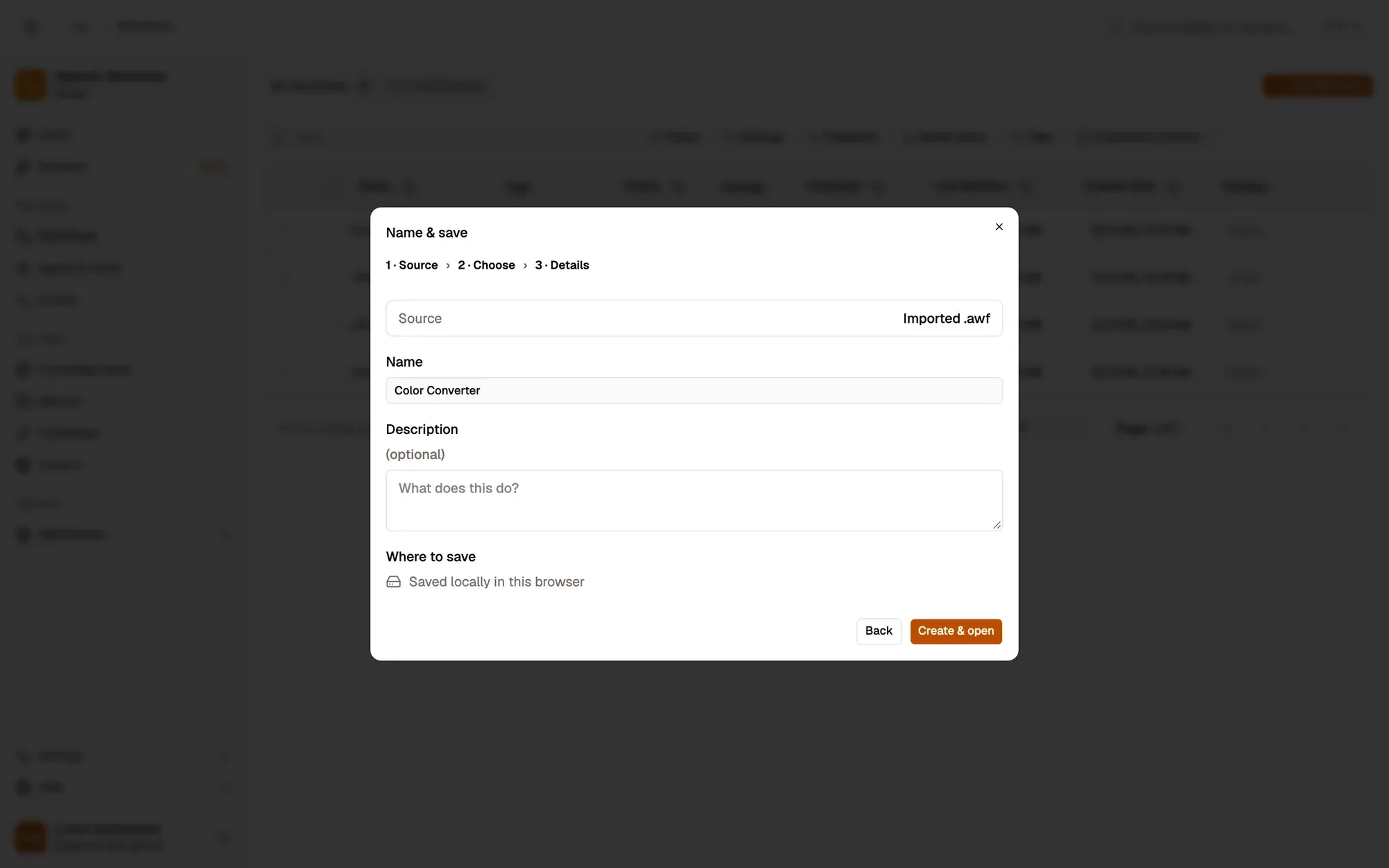 Step 3, close-up of the app: Create & open, outlined.