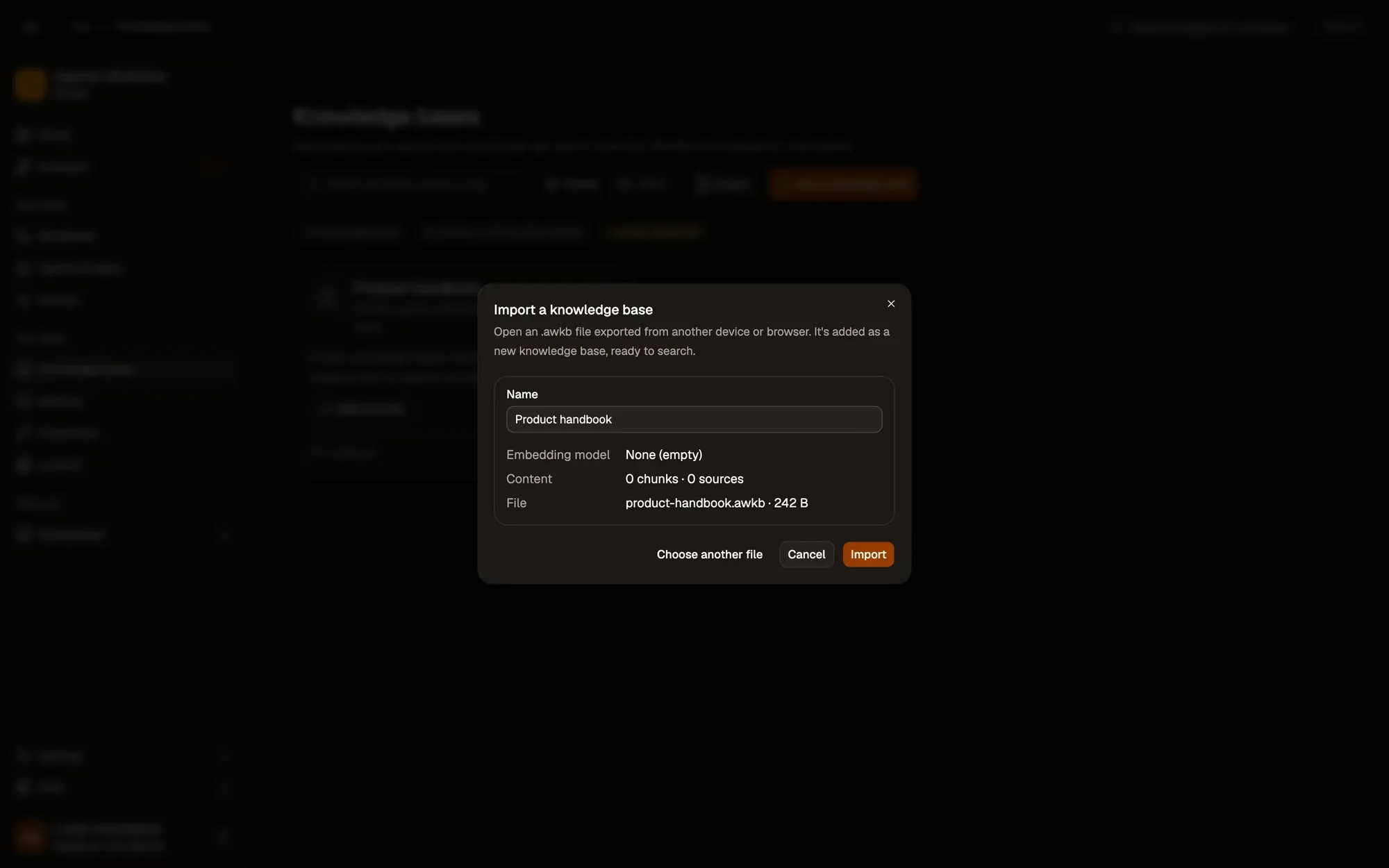 Step 2, close-up of the app: Embedding model, content and file, outlined.