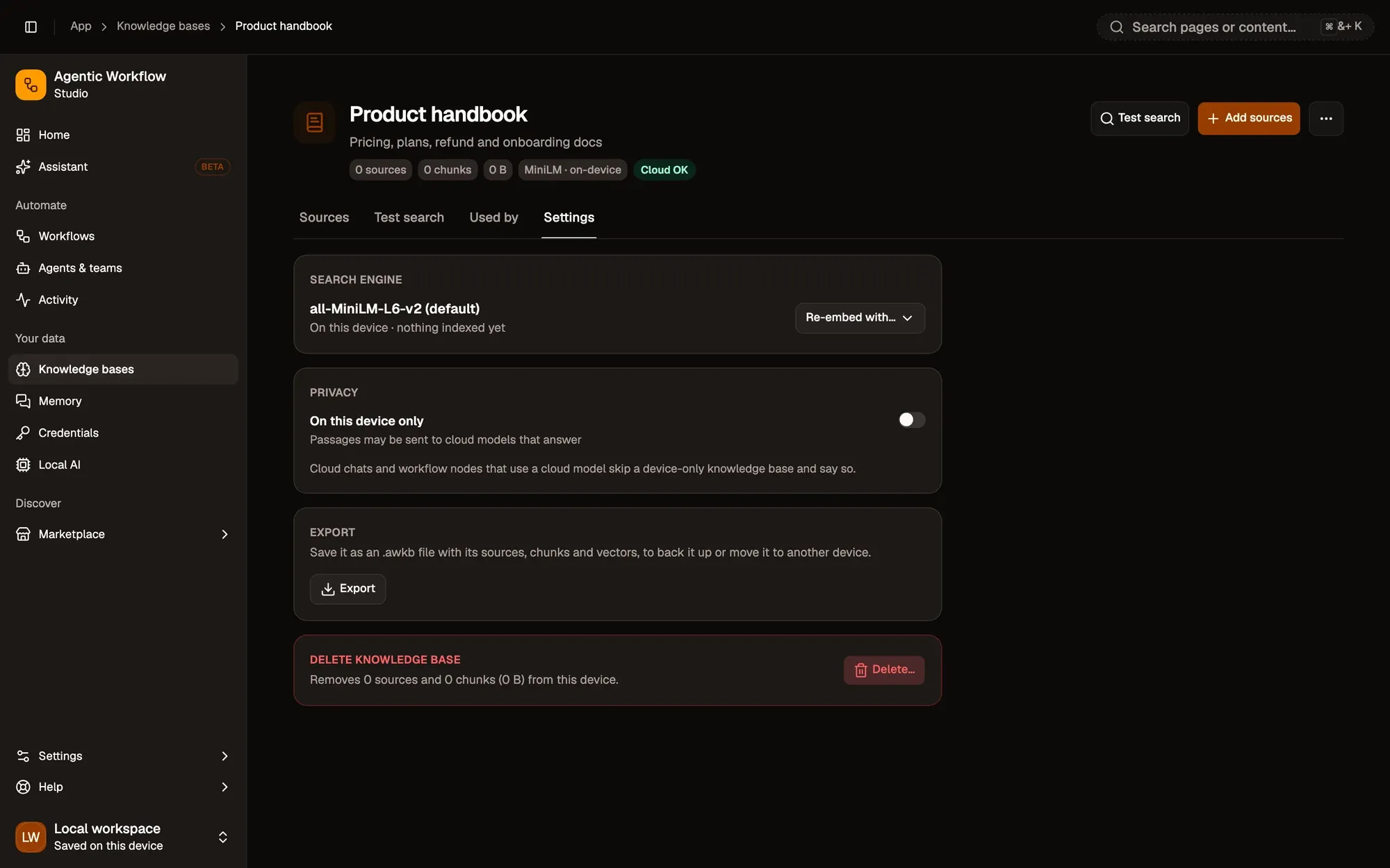 The Settings tab of the Product handbook knowledge base: Search engine all-MiniLM-L6-v2 (default) on this device with a Re-embed with… button, Privacy with the On this device only switch, Export to an .awkb file, and Delete knowledge base with a Delete… button.