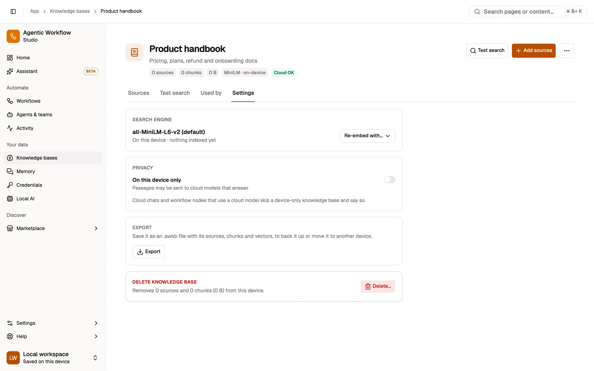 The Settings tab of the Product handbook knowledge base: Search engine all-MiniLM-L6-v2 (default) on this device with a Re-embed with… button, Privacy with the On this device only switch, Export to an .awkb file, and Delete knowledge base with a Delete… button.