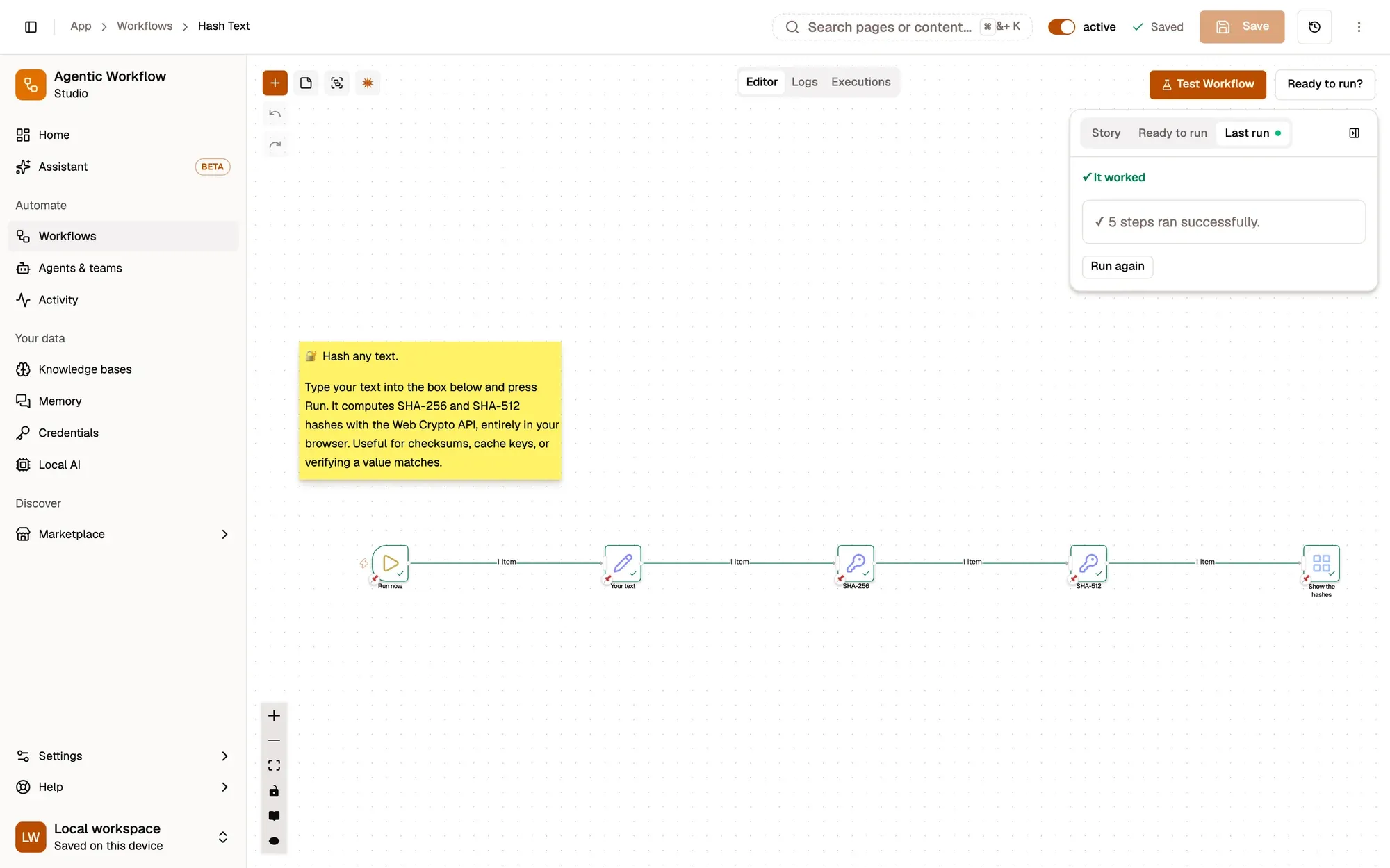 Step 1, close-up of the app: Test Workflow, outlined.