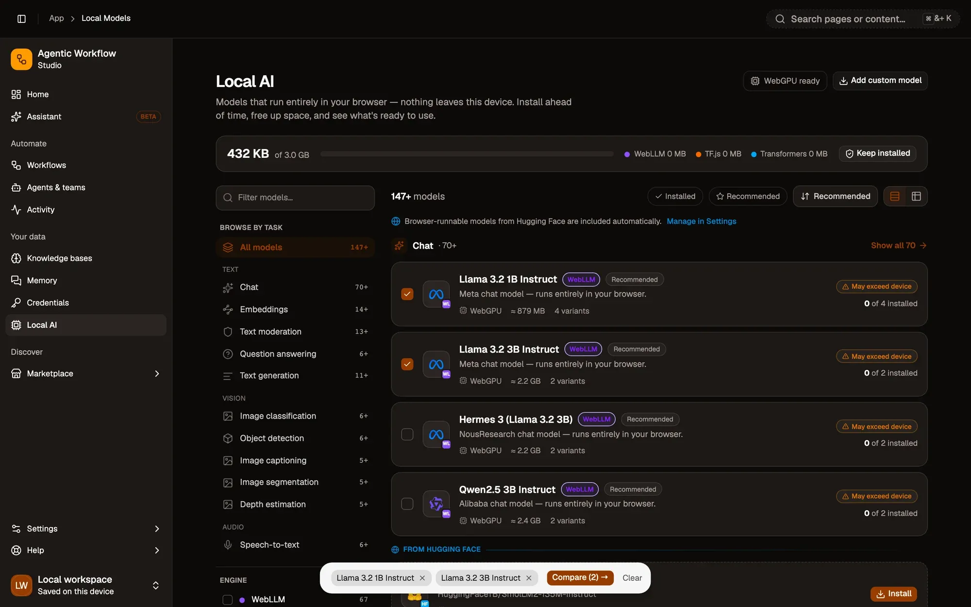 The Local AI page with Llama 3.2 1B Instruct and Llama 3.2 3B Instruct ticked for comparison: their compare checkboxes are checked and a bar at the bottom lists both models with a Compare (2) button and Clear.