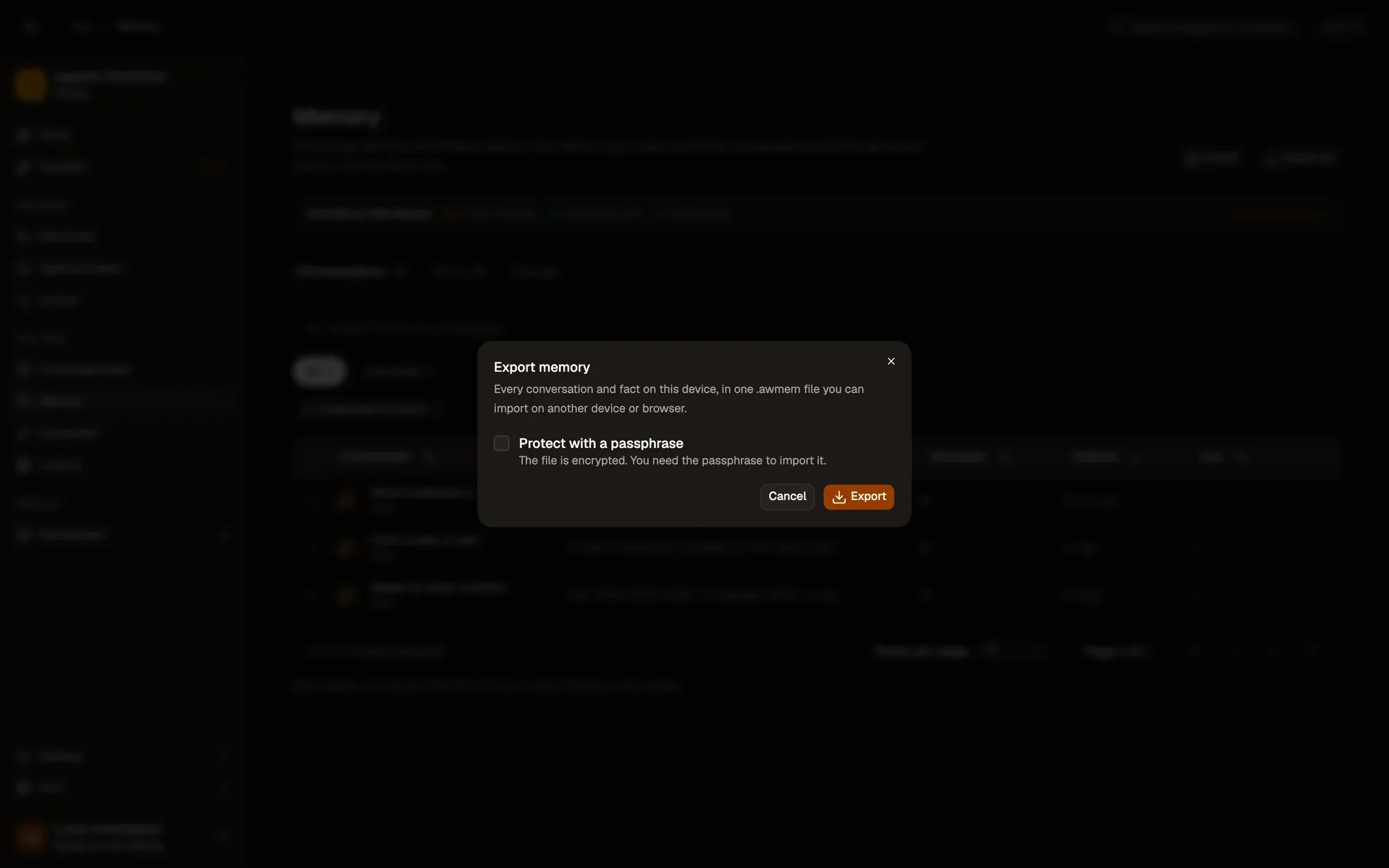 The Export memory dialog opened from Export all: every conversation and fact on this device in one .awmem file, a Protect with a passphrase checkbox, and Cancel and Export buttons.
