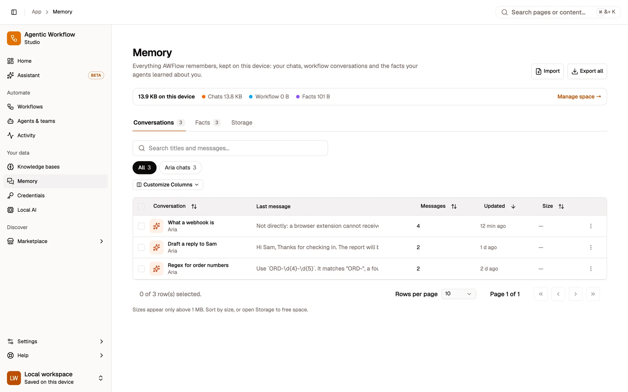 The Memory page: total space on this device split into Chats, Workflow and Facts, Import and Export all buttons, and the Conversations tab listing three Aria chats (What a webhook is, Draft a reply to Sam, Regex for order numbers) with their last message, message count and when they were updated.