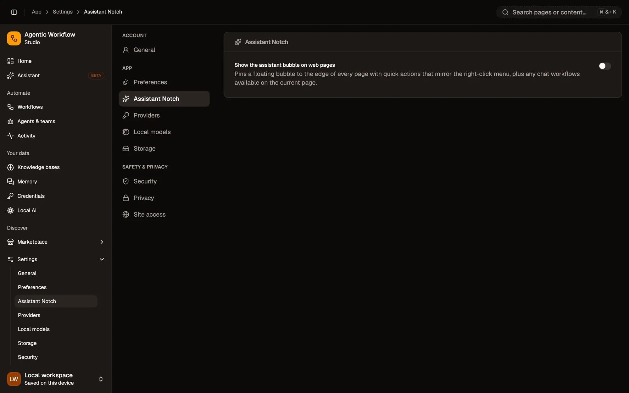 Settings › Assistant Notch: the settings sections on the left with Assistant Notch selected, and the Show the assistant bubble on web pages switch, which is off.