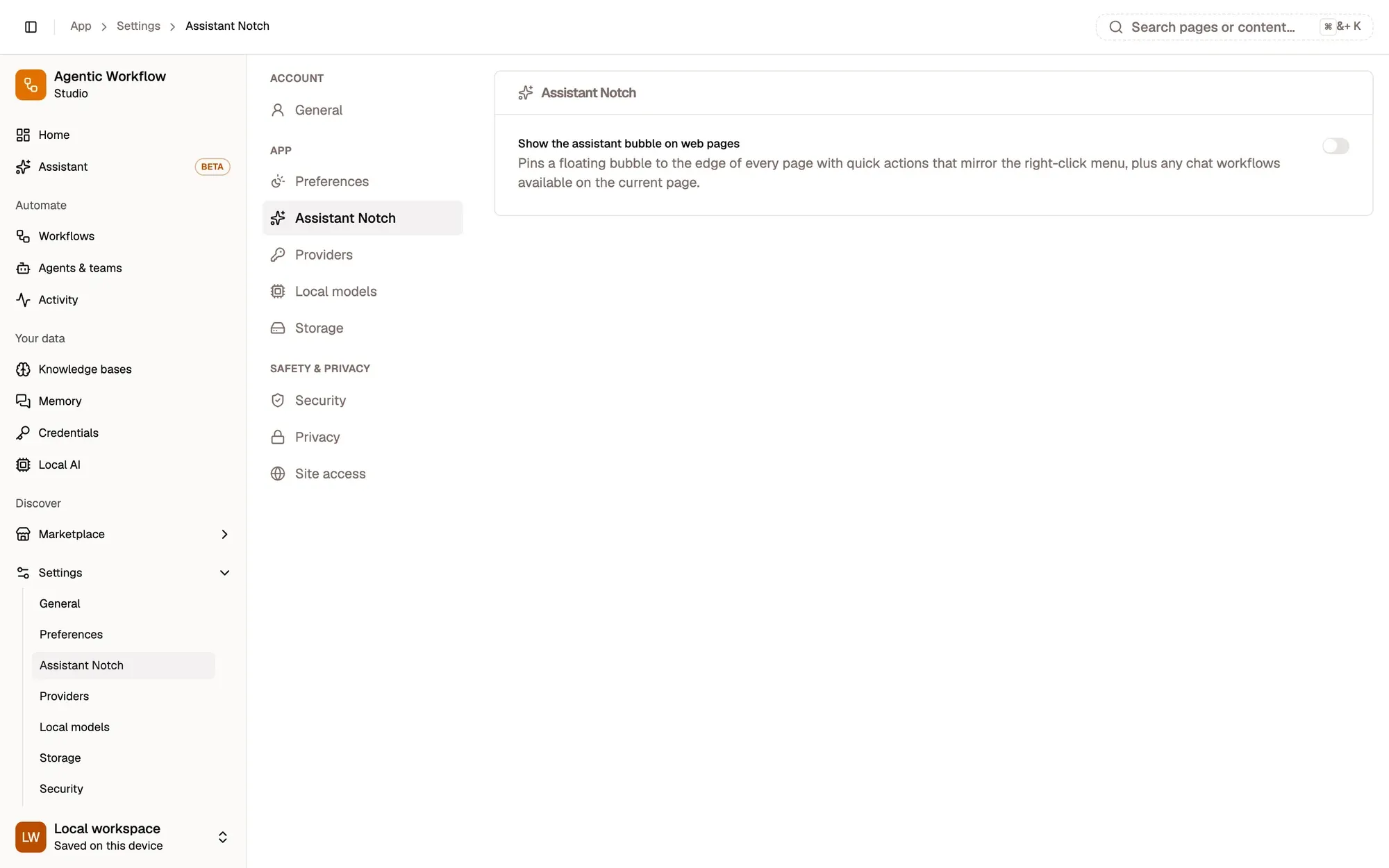 Settings › Assistant Notch: the settings sections on the left with Assistant Notch selected, and the Show the assistant bubble on web pages switch, which is off.
