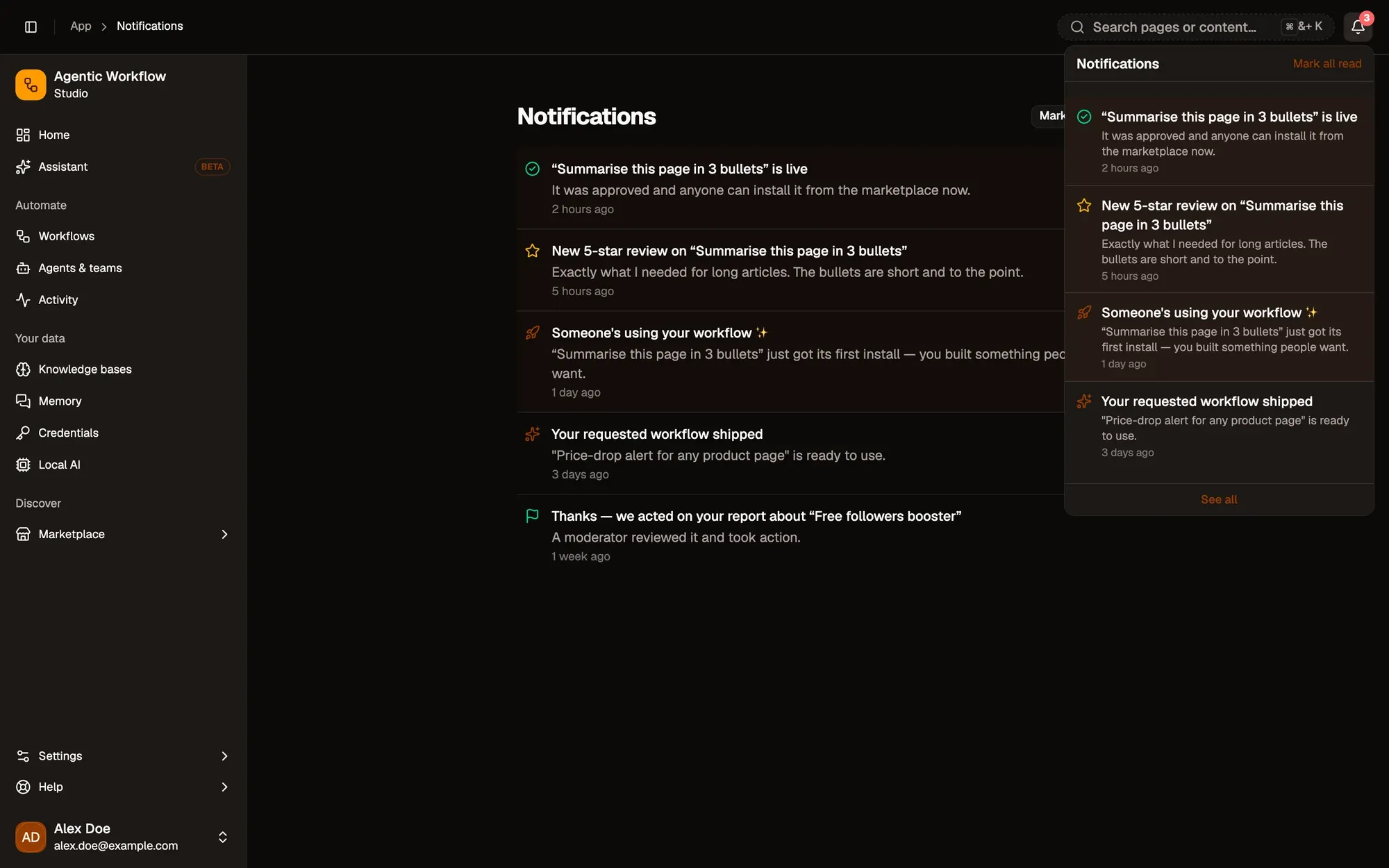 The Notifications page of a fictional signed-in account with the bell open at the top right: three unread notifications (a listing is live, a new 5-star review, someone is using the workflow) and two read ones (a requested workflow shipped, a report was acted on), with Mark all read and See all in the bell and Mark all read on the page.