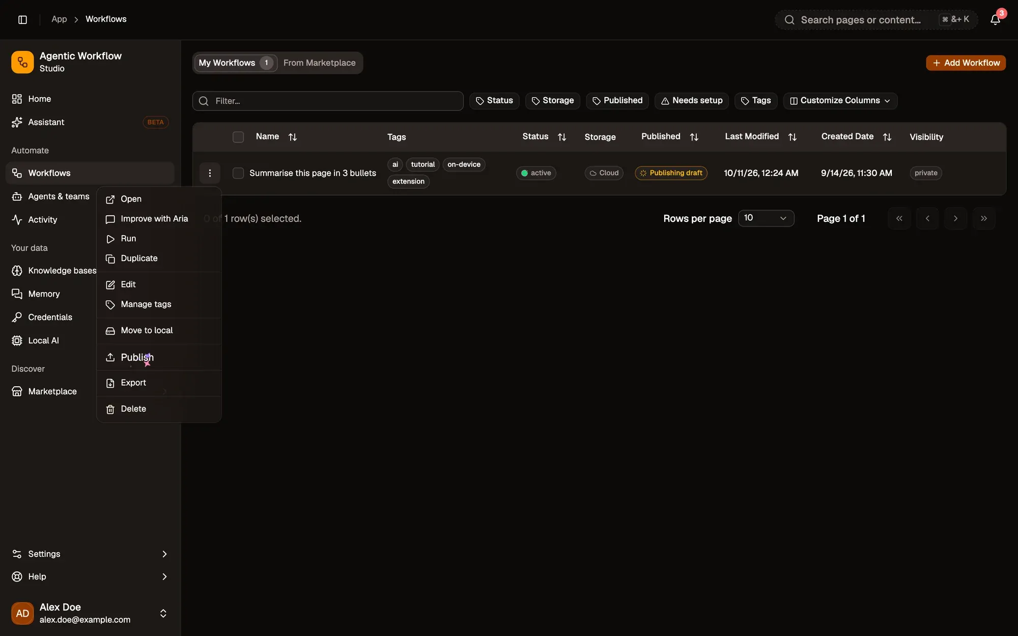 Step 1, close-up of the app: Publish, outlined.
