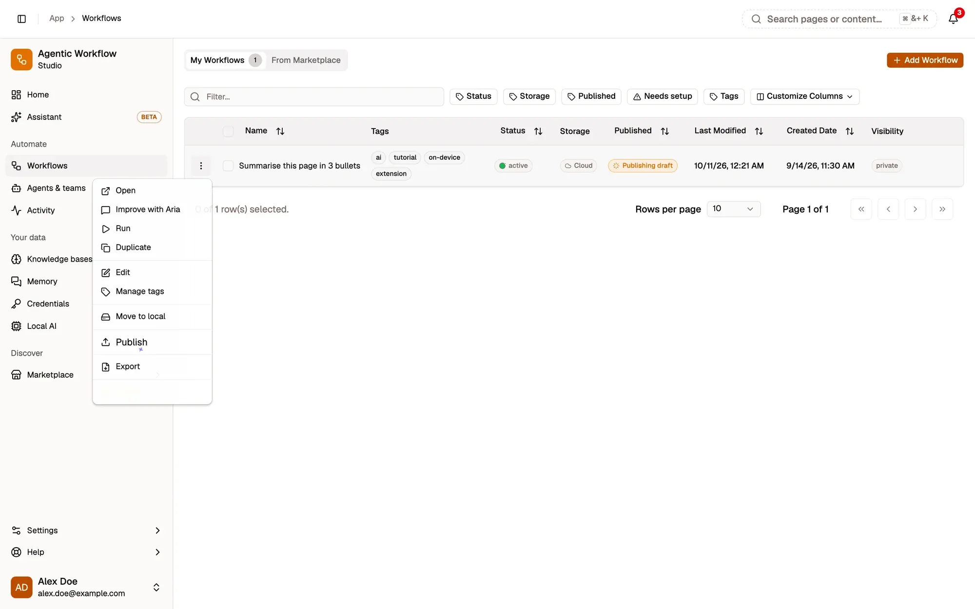 Step 1, close-up of the app: Publish, outlined.