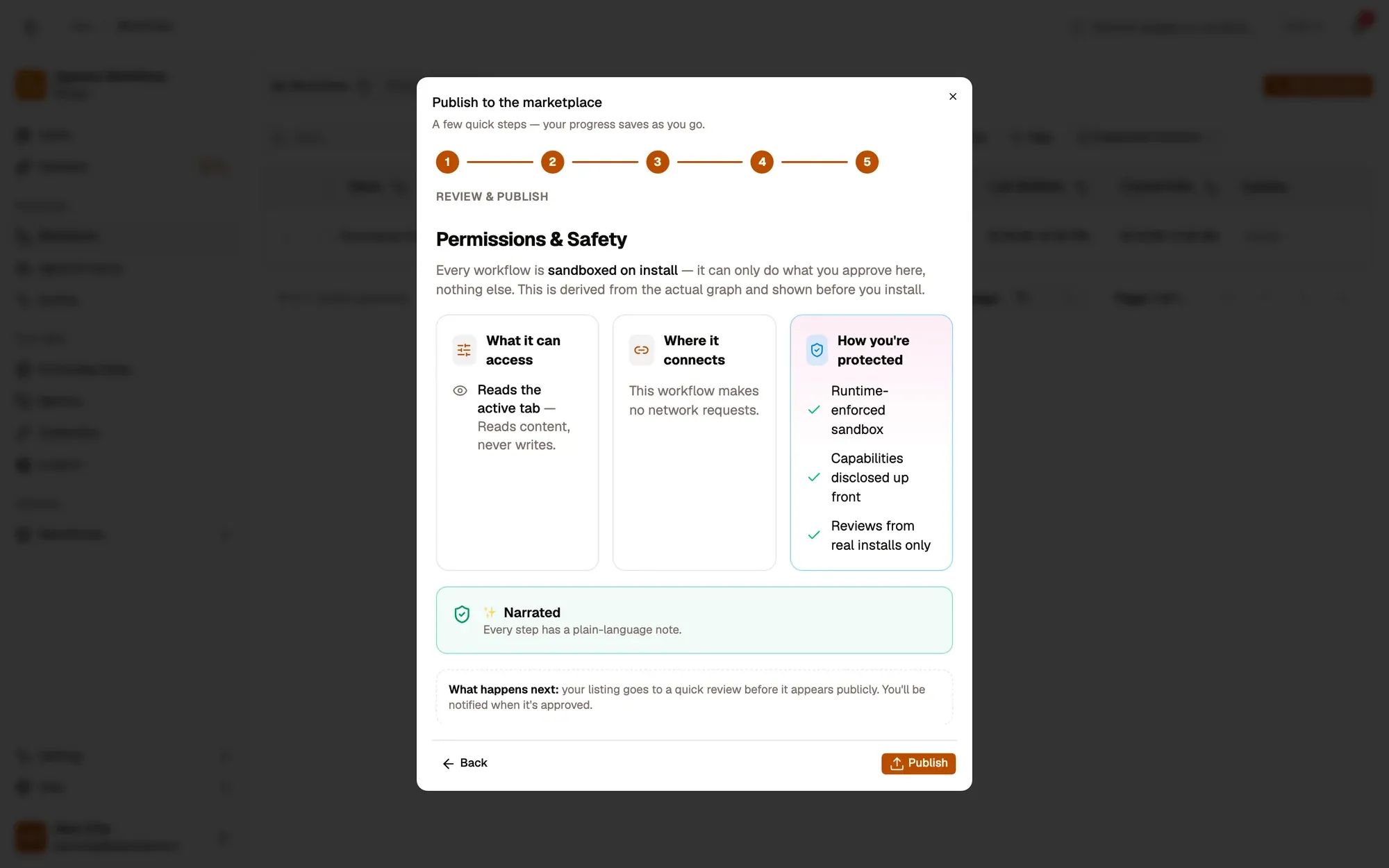 Step 6, close-up of the app: Publish sends it to review, outlined.