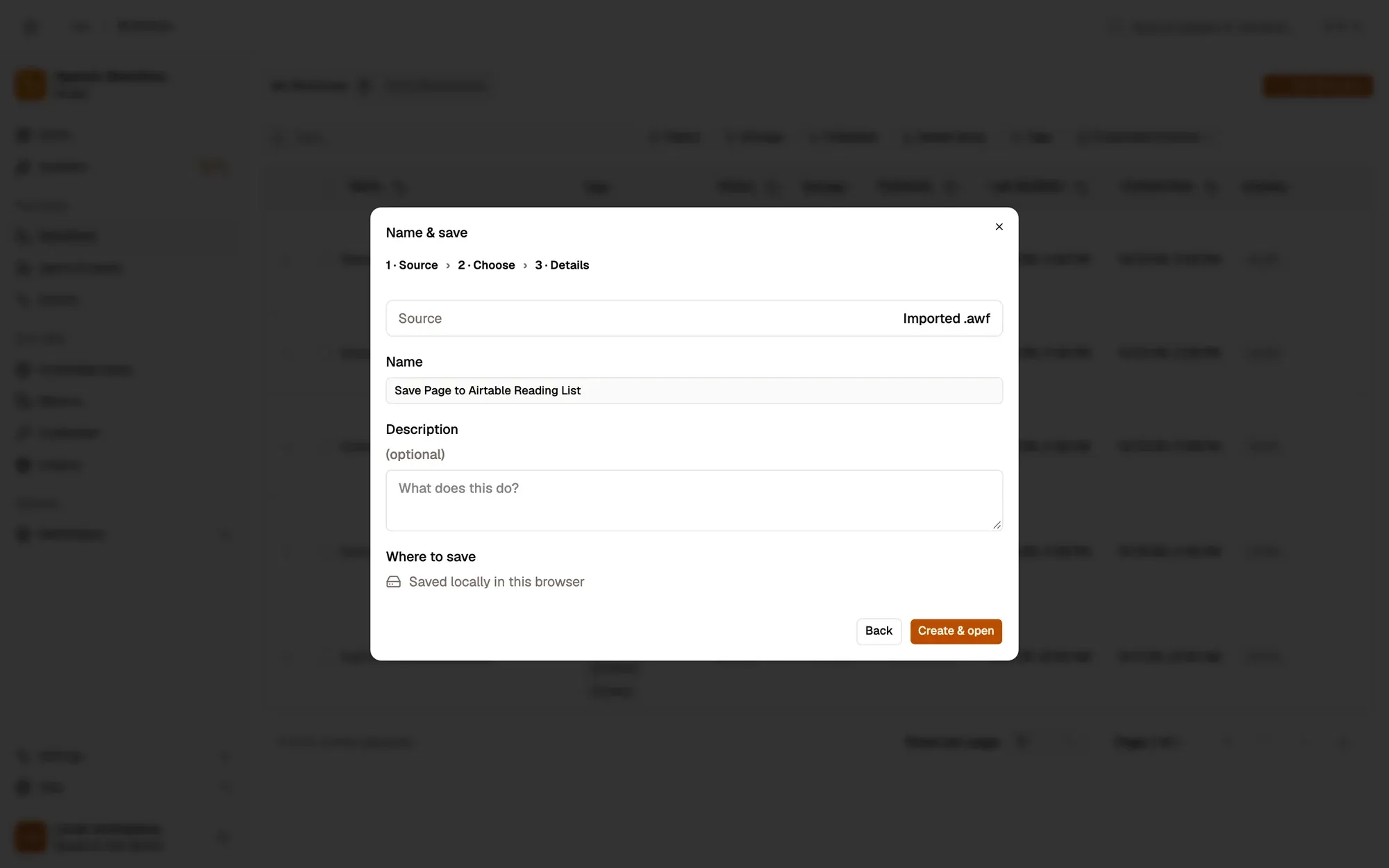 Step 1, close-up of the app: Create & open, outlined.