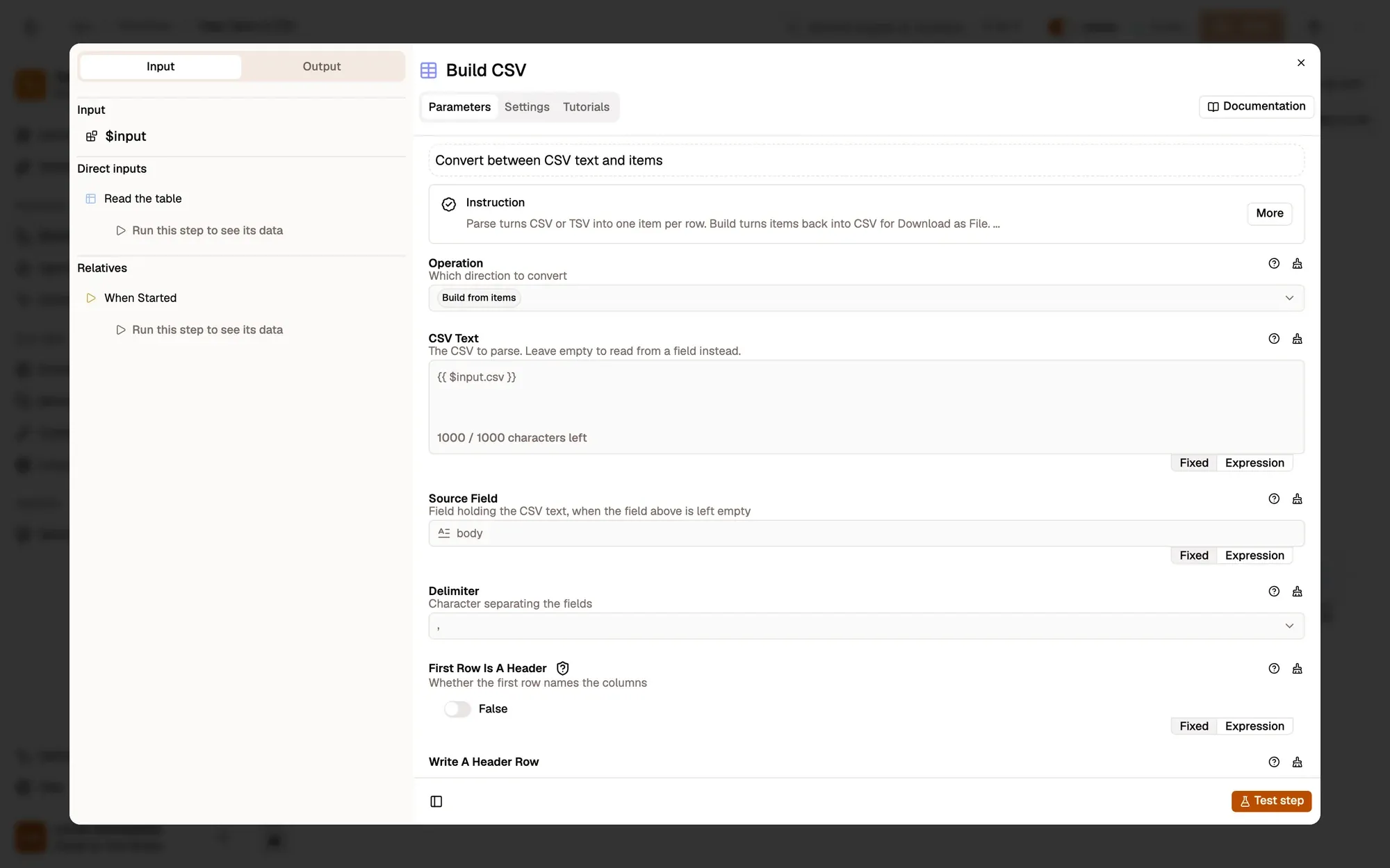 Step 3, close-up of the app: The Delimiter menu, outlined.