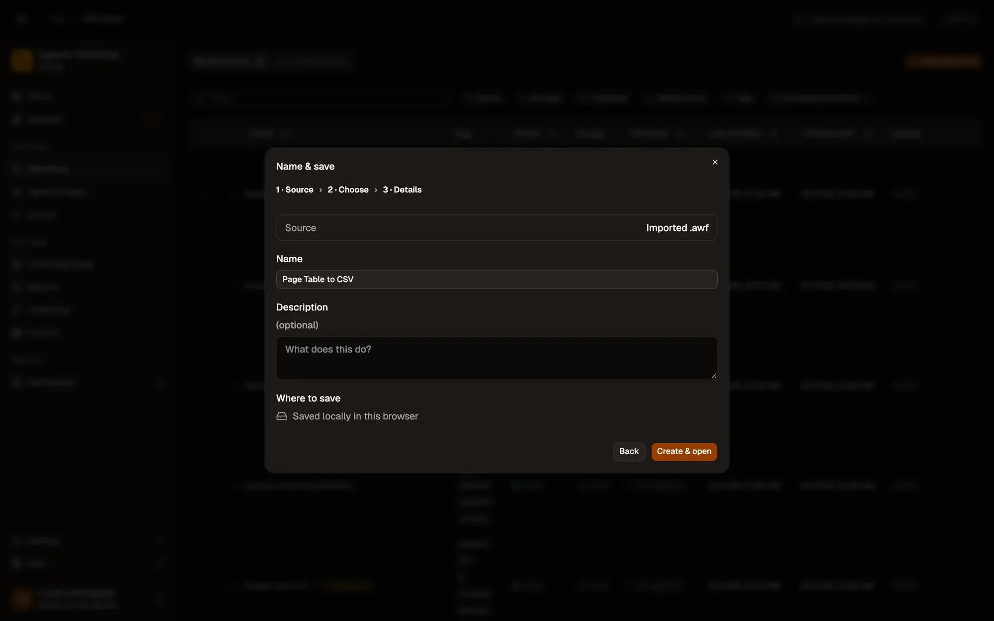 Step 1, close-up of the app: Create & open, outlined.