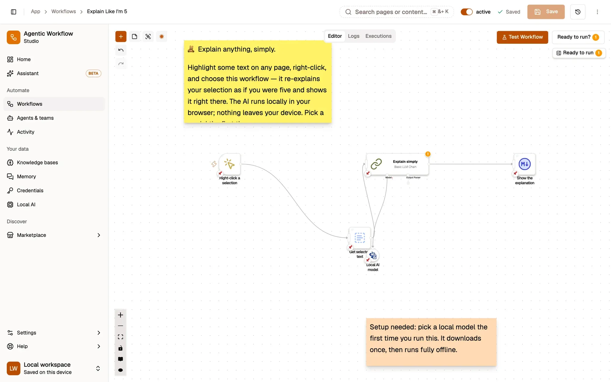 Step 2, close-up of the app: Get selected text, outlined.