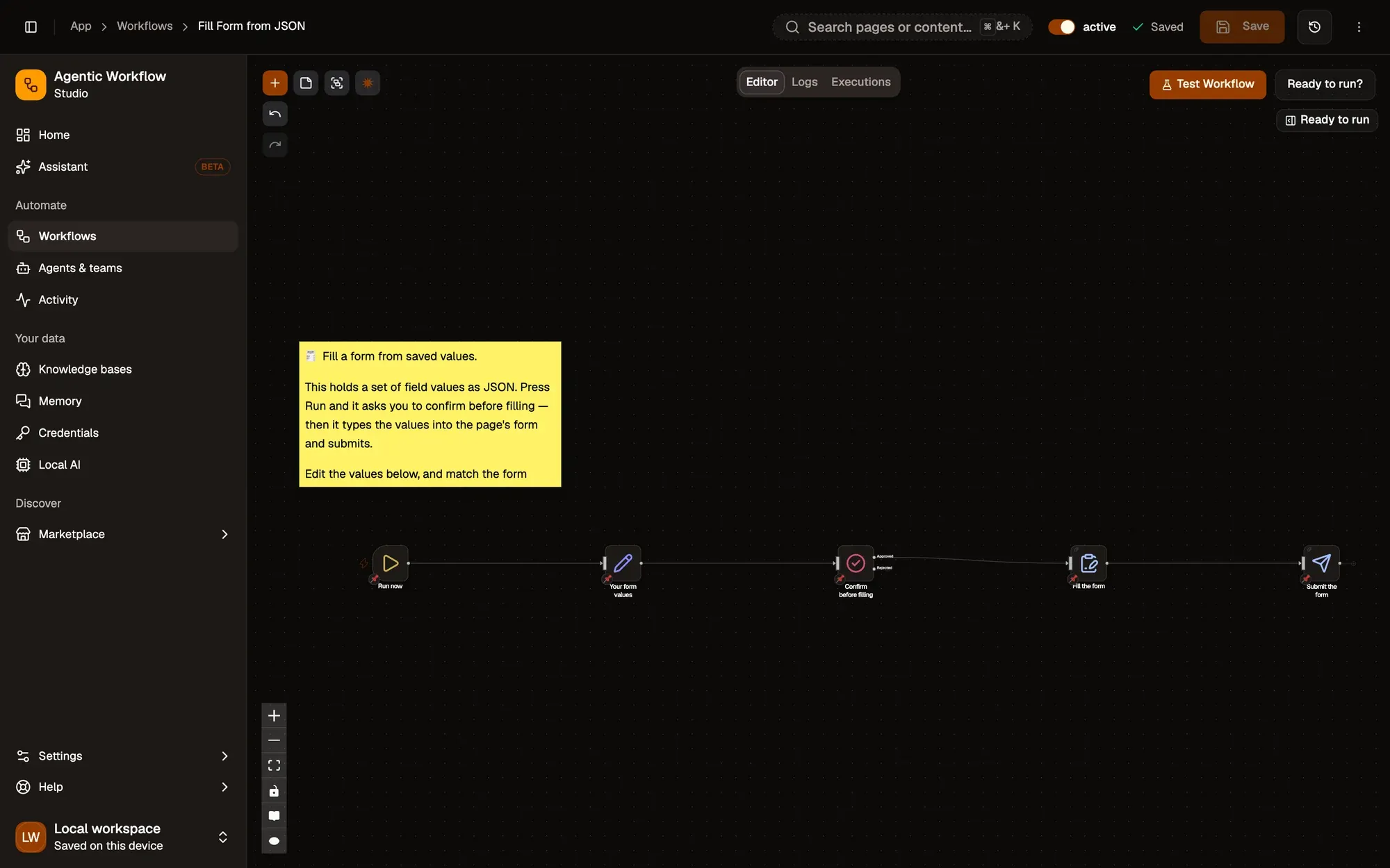 Step 1, close-up of the app: Run now (When Started), outlined.