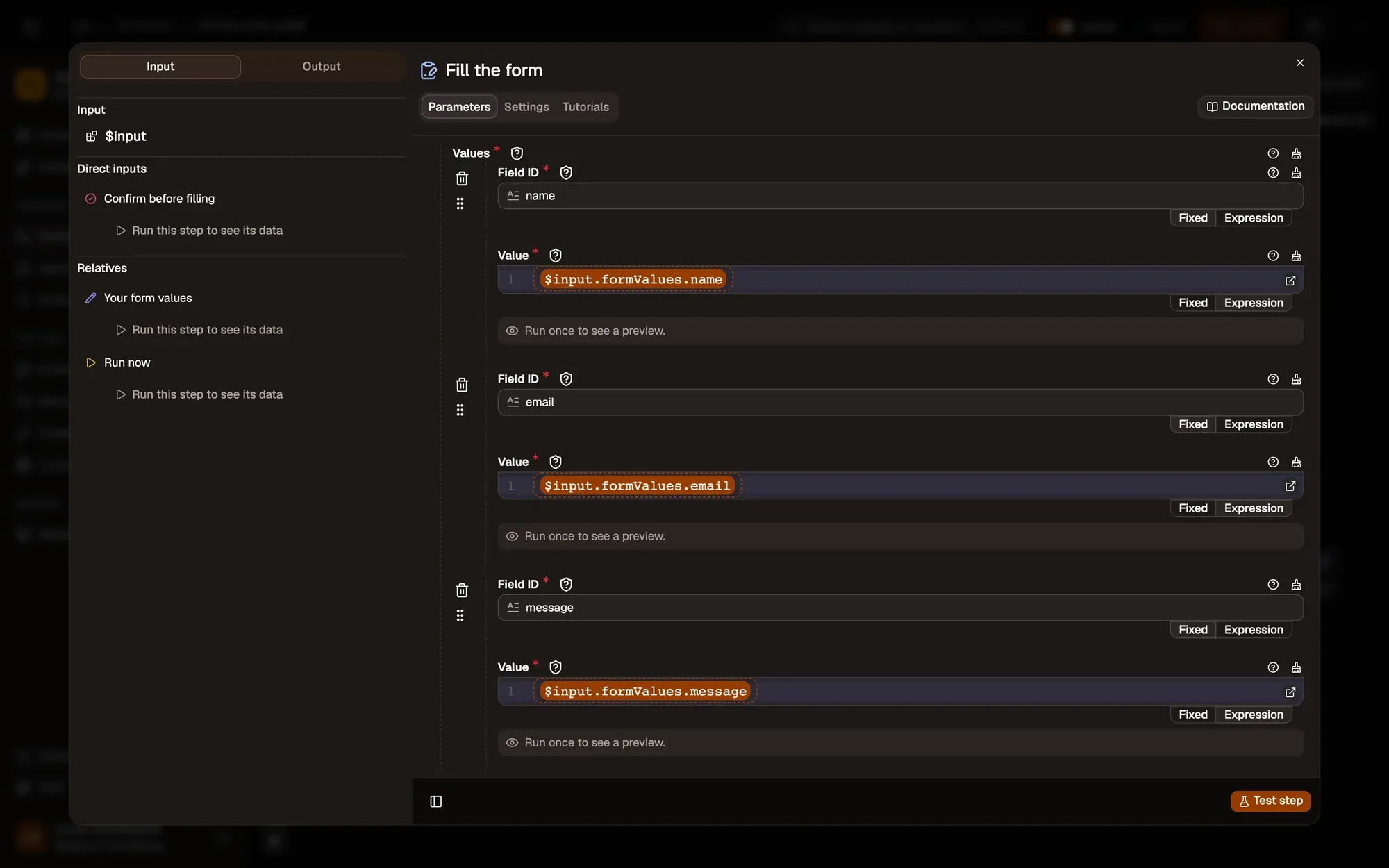 Step 4, close-up of the app: The Values list (Field ID and Value), outlined.