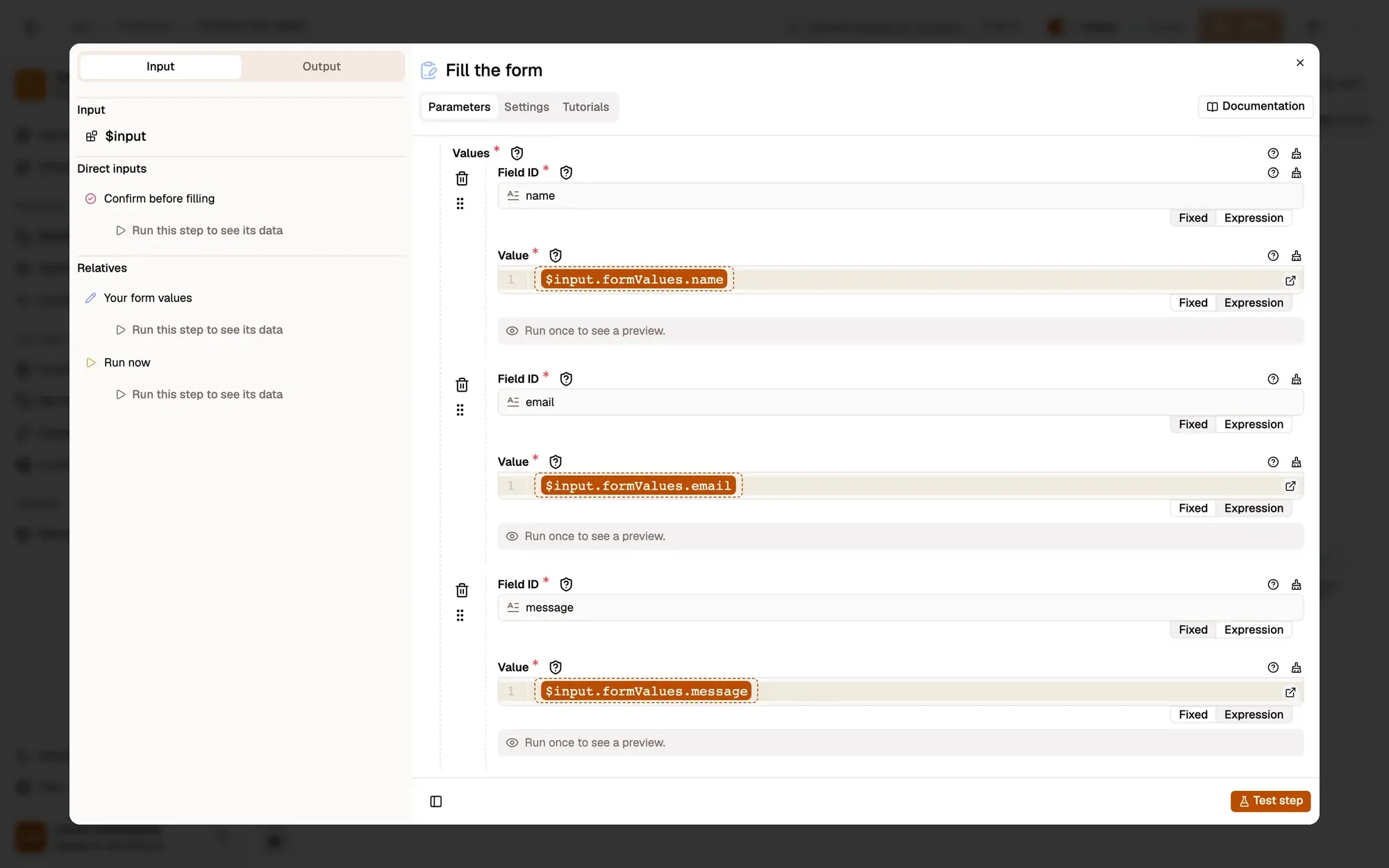 Step 4, close-up of the app: The Values list (Field ID and Value), outlined.