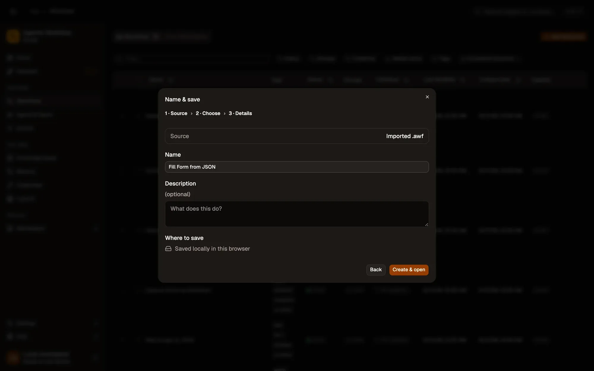 Step 1, close-up of the app: Create & open, outlined.