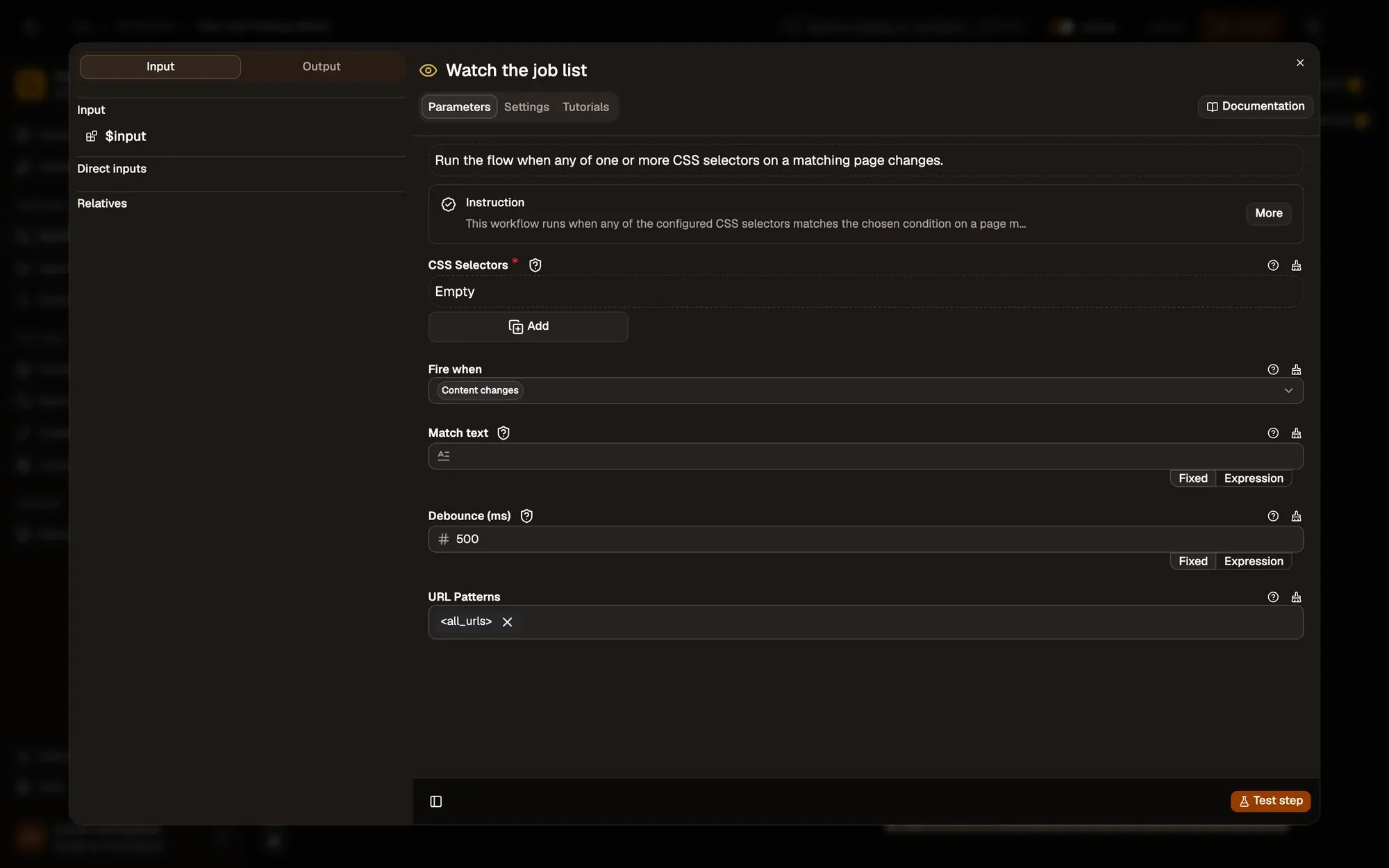 Step 1, close-up of the app: The CSS Selectors list, outlined.