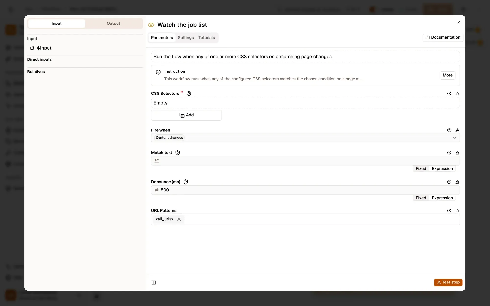 Step 1, close-up of the app: The CSS Selectors list, outlined.