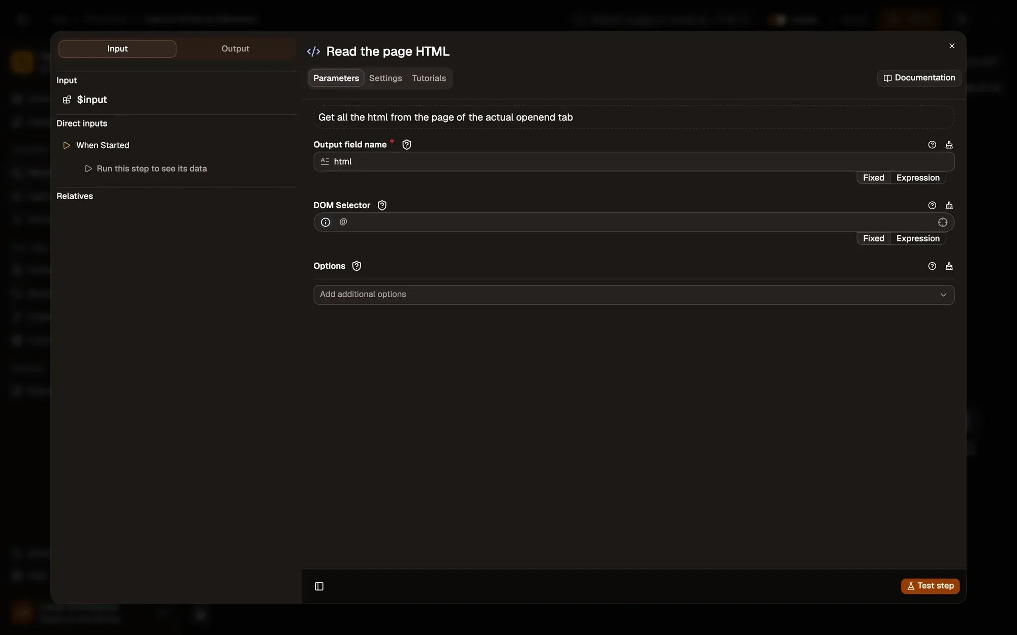 Step 2, close-up of the app: The DOM Selector field, outlined.