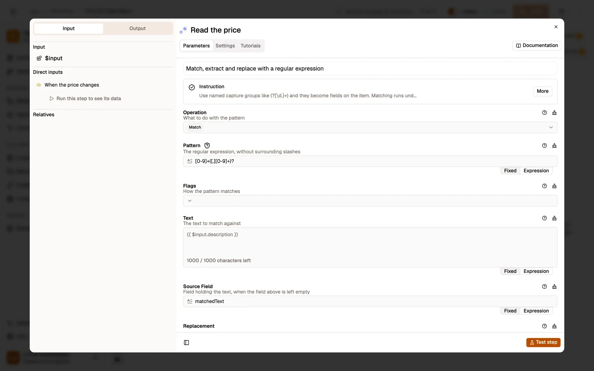 Step 2, close-up of the app: The Pattern field, outlined.