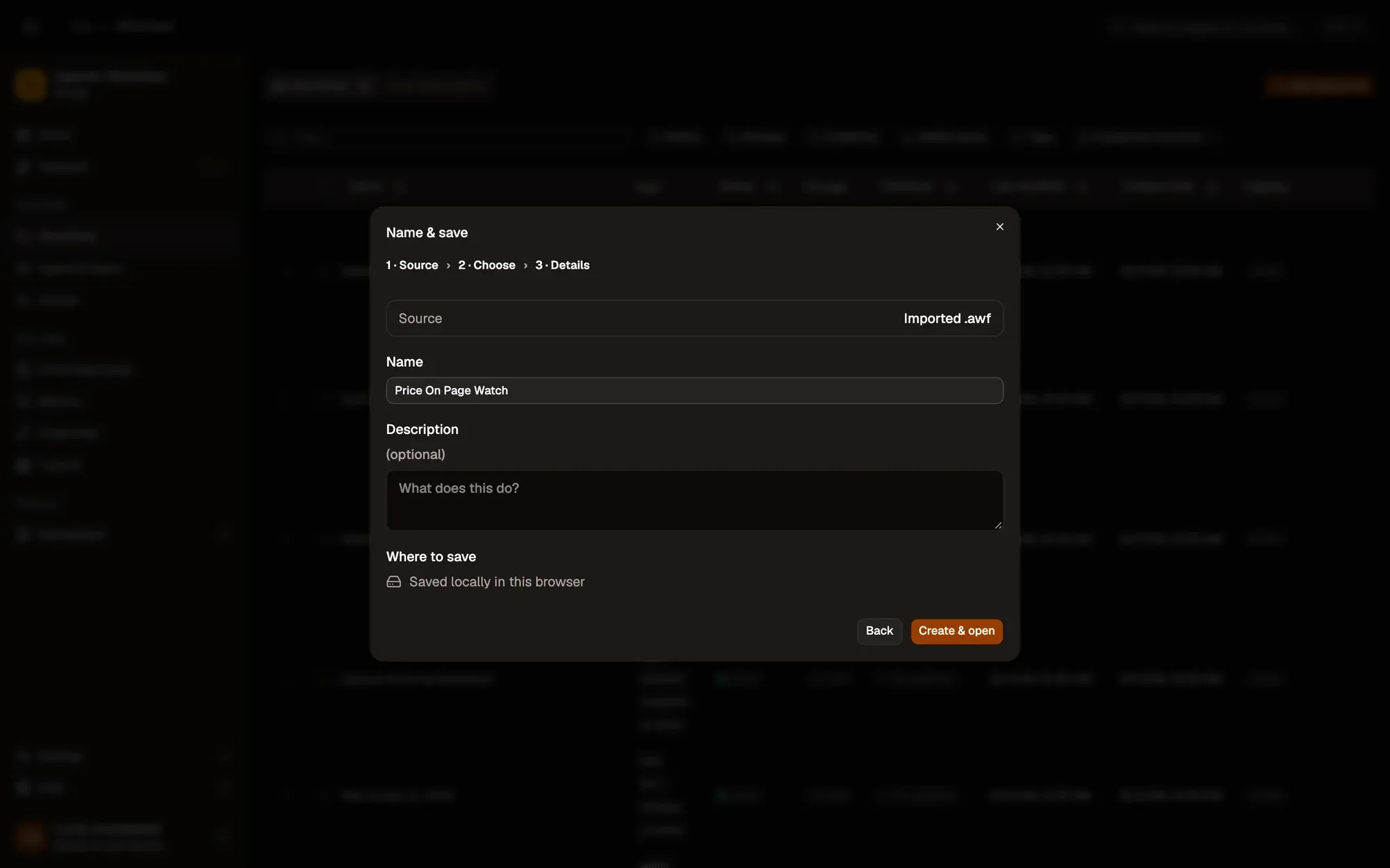 Step 1, close-up of the app: Create & open, outlined.