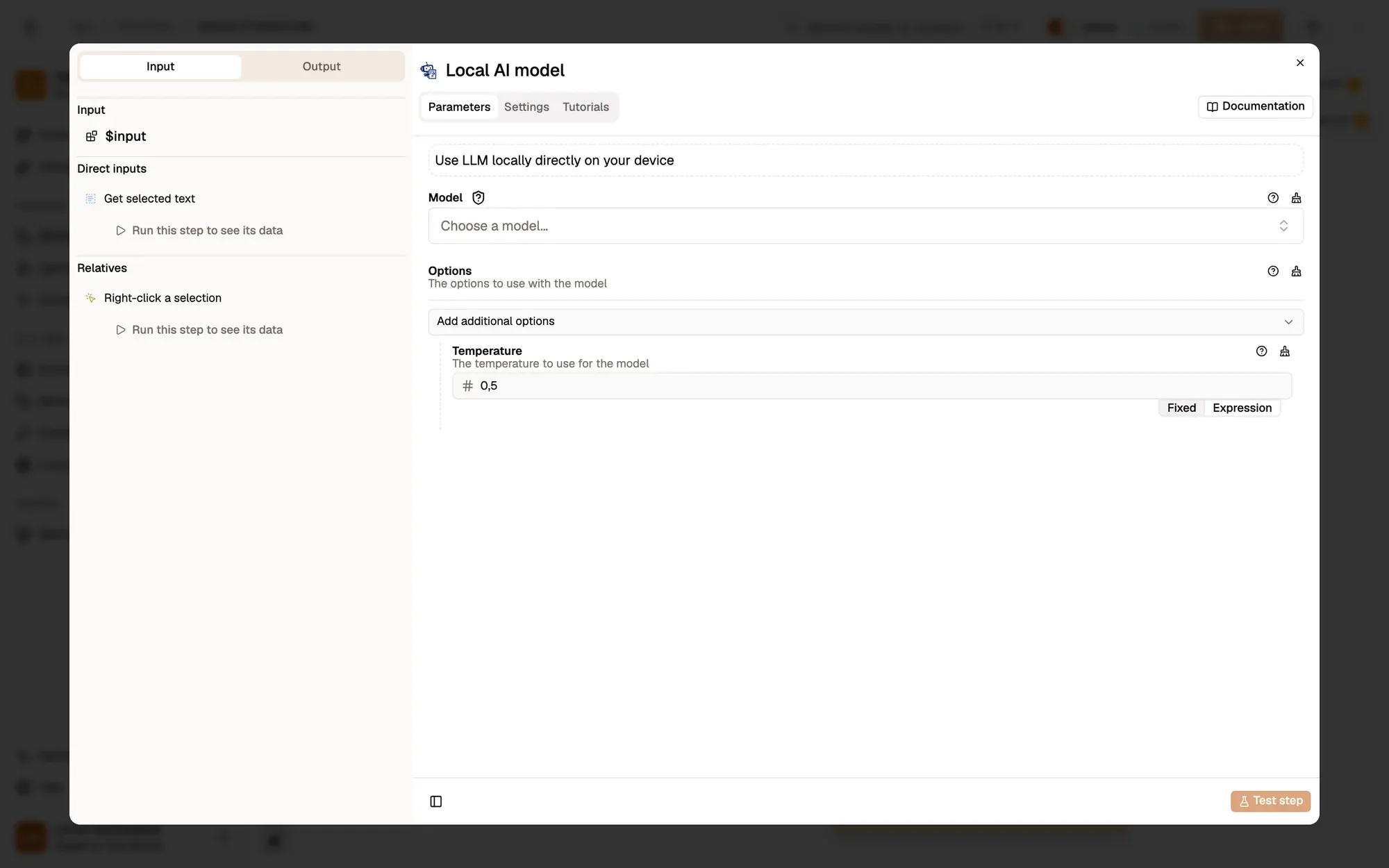 Step 1, close-up of the app: The Model menu, outlined.